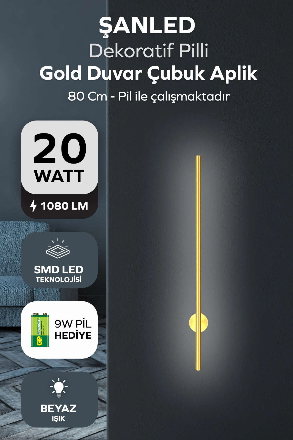 Dekoratif 20W İç Mekan Gold Kasa Beyaz Işık 80 cm Duvar Aplik PİLLİ 1 Adet