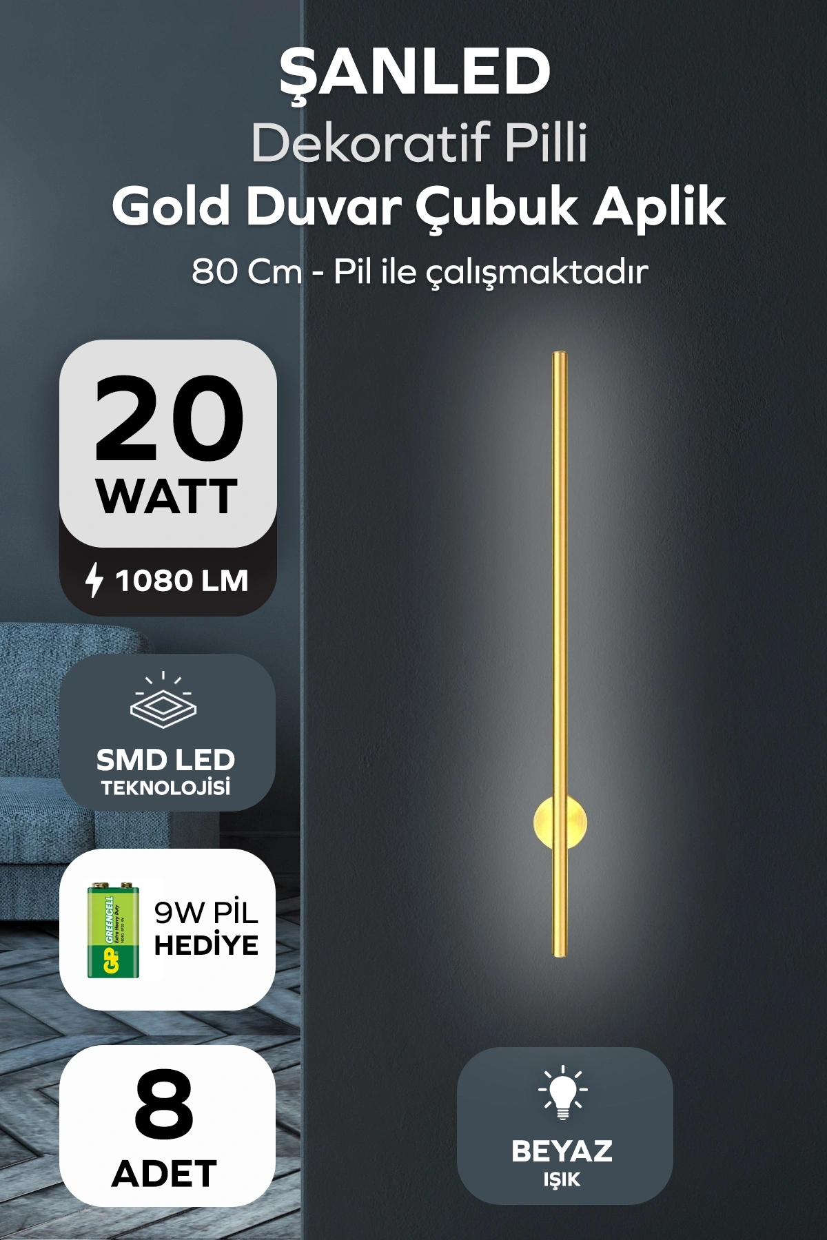 Dekoratif 20W İç Mekan Gold Kasa Beyaz Işık 80 cm Duvar Aplik PİLLİ 8 Adet