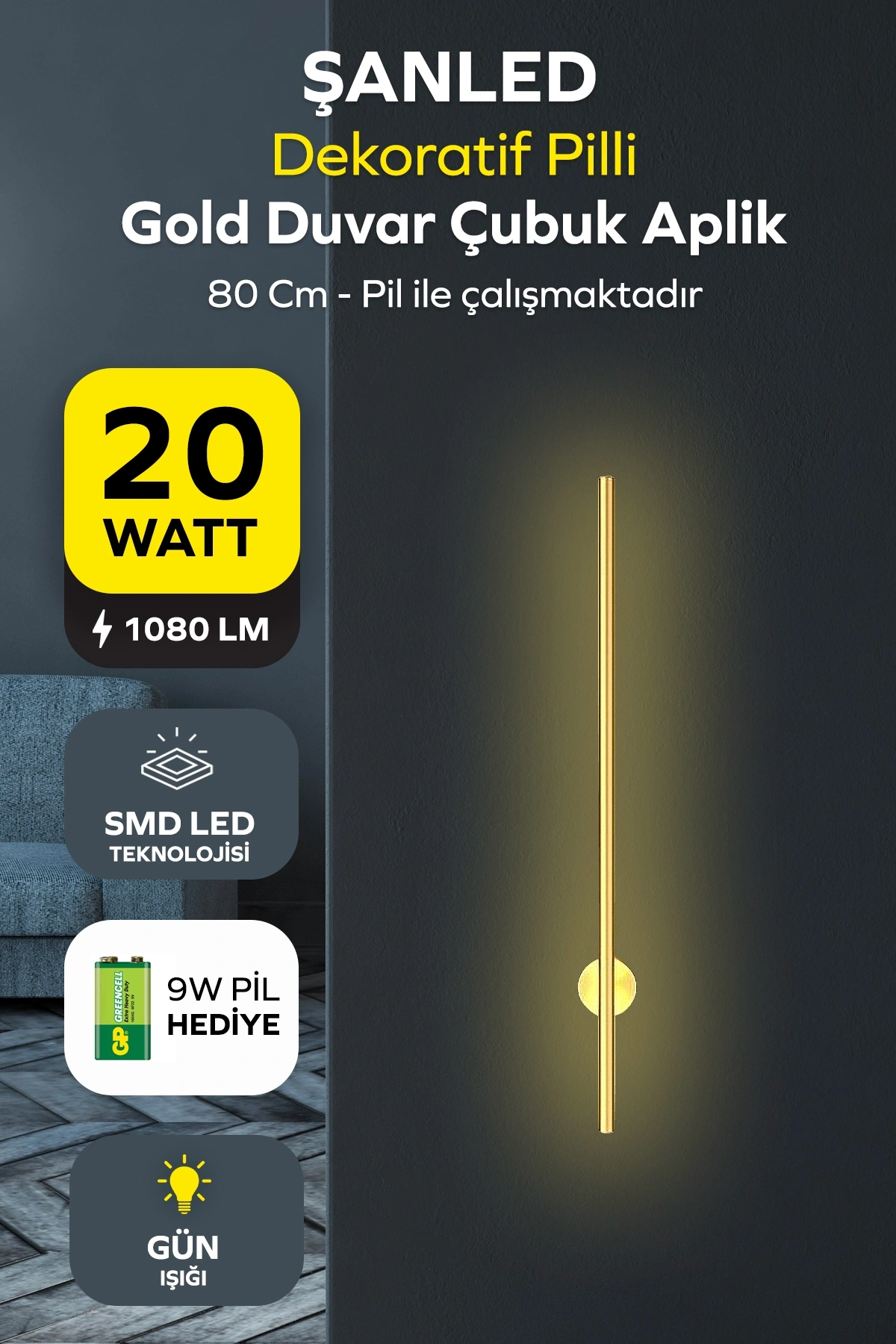 Dekoratif 20W İç Mekan Gold Kasa Gün Işığı 80 cm Duvar Aplik PİLLİ 1 Adet