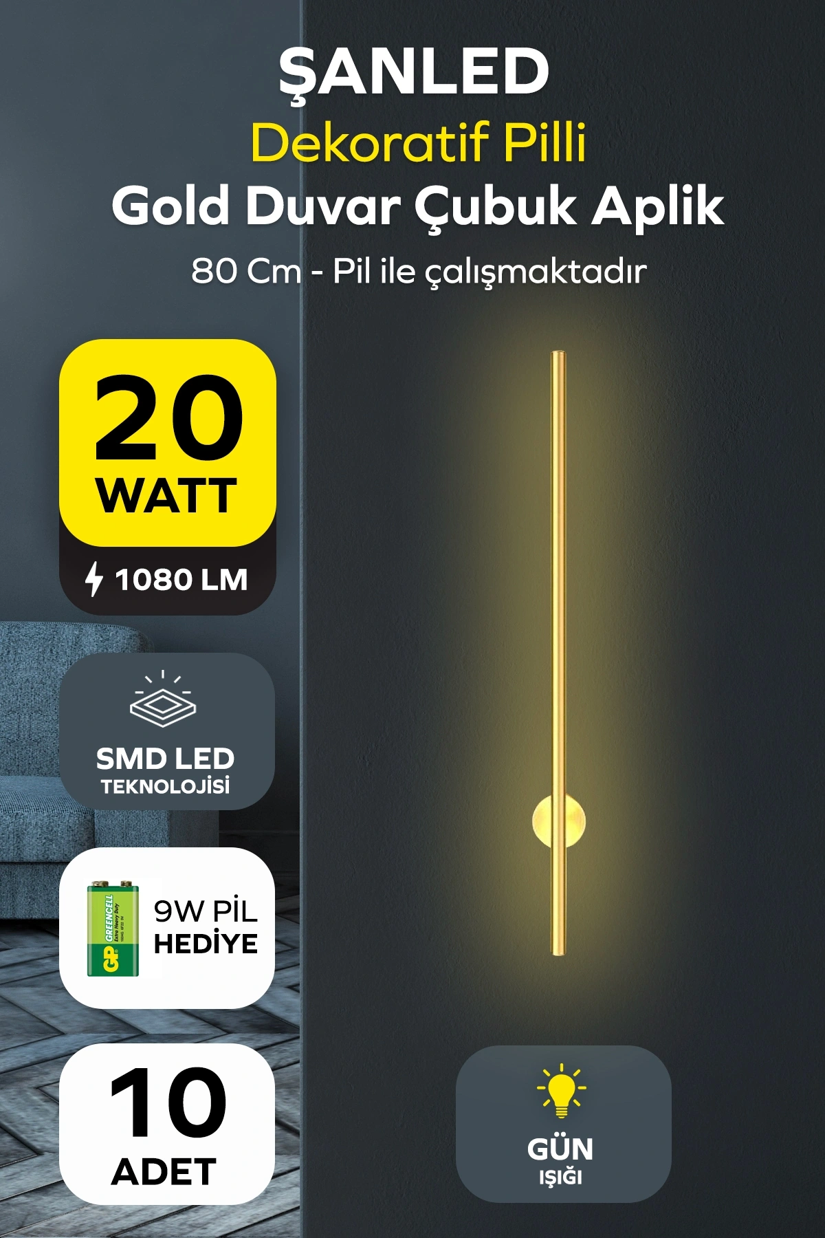 Dekoratif 20W İç Mekan Gold Kasa Gün Işığı 80 cm Duvar Aplik PİLLİ 10 Adet