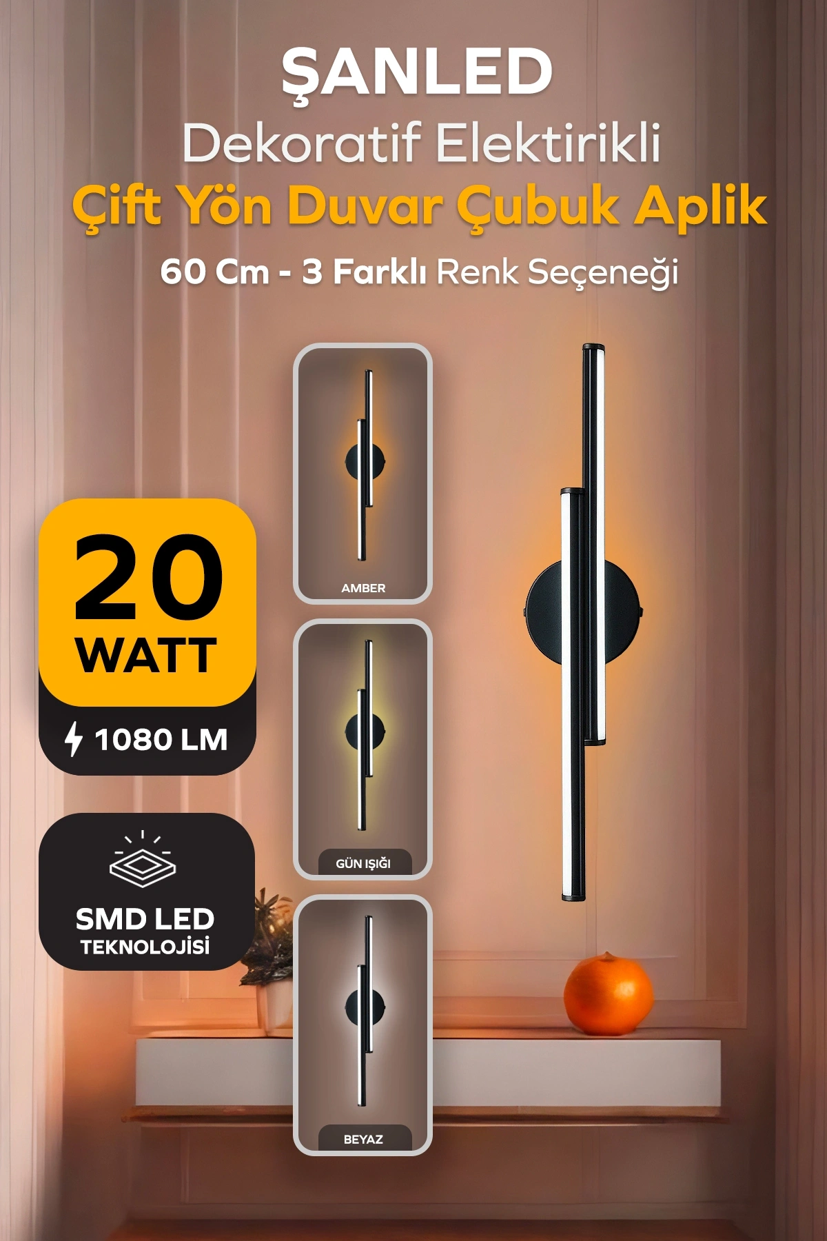 Dekoratif 20W İç Mekan Siyah Kasa 3 Renkli Işık Elektrikli 60 cm Duvar Aplik 1 Adet