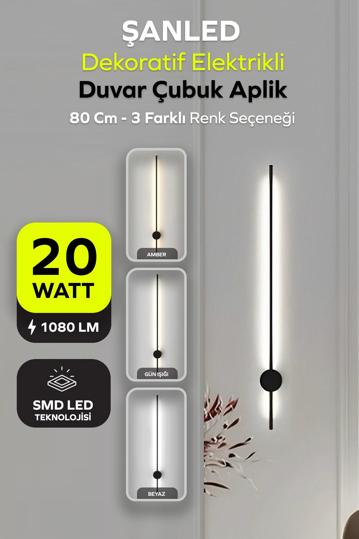 Dekoratif 20W İç Mekan Siyah Kasa 3 Renkli Işık Elektrikli 80 cm Duvar Aplik 1 Adet