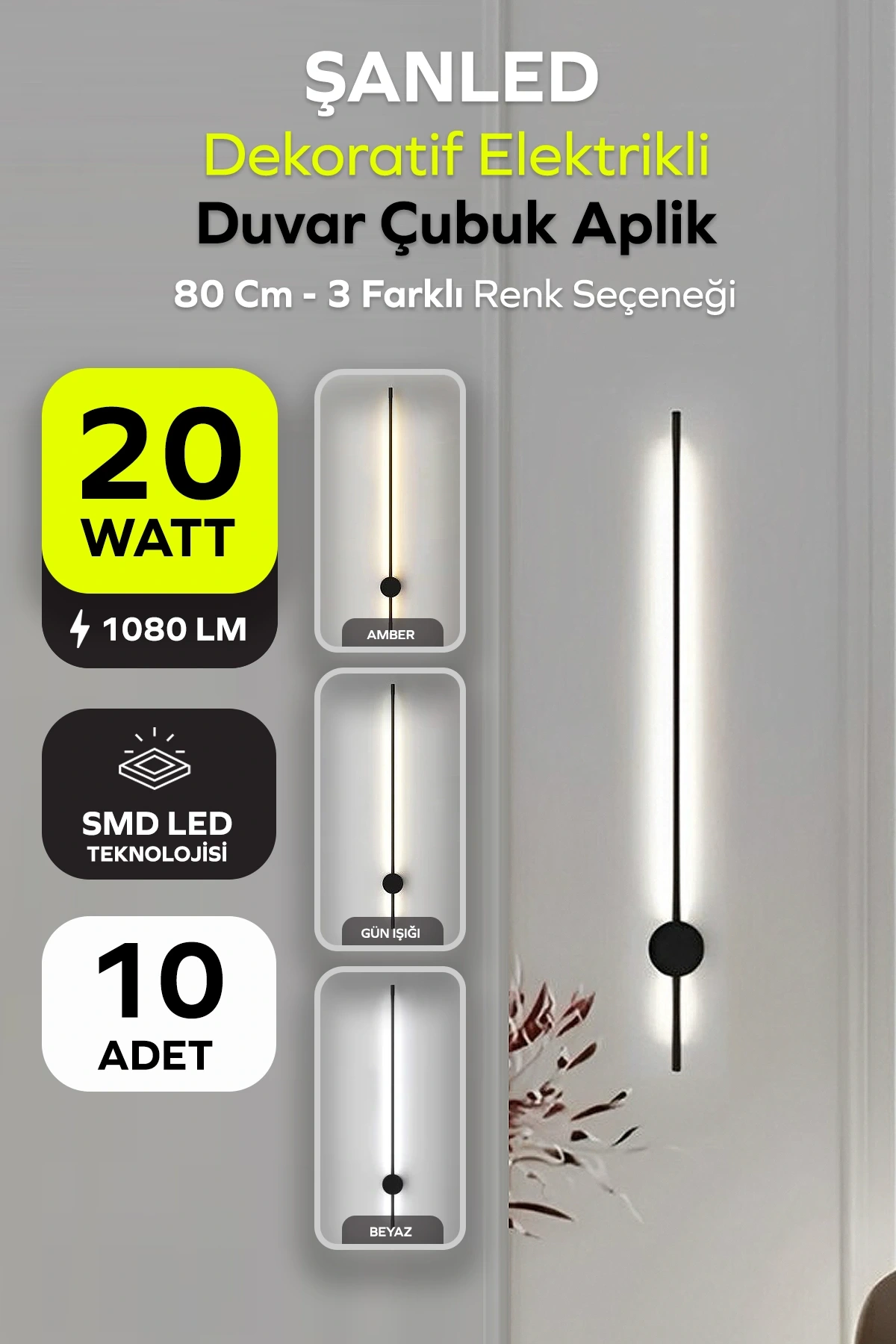 Dekoratif 20W İç Mekan Siyah Kasa 3 Renkli Işık Elektrikli 80 cm Duvar Aplik 10 Adet