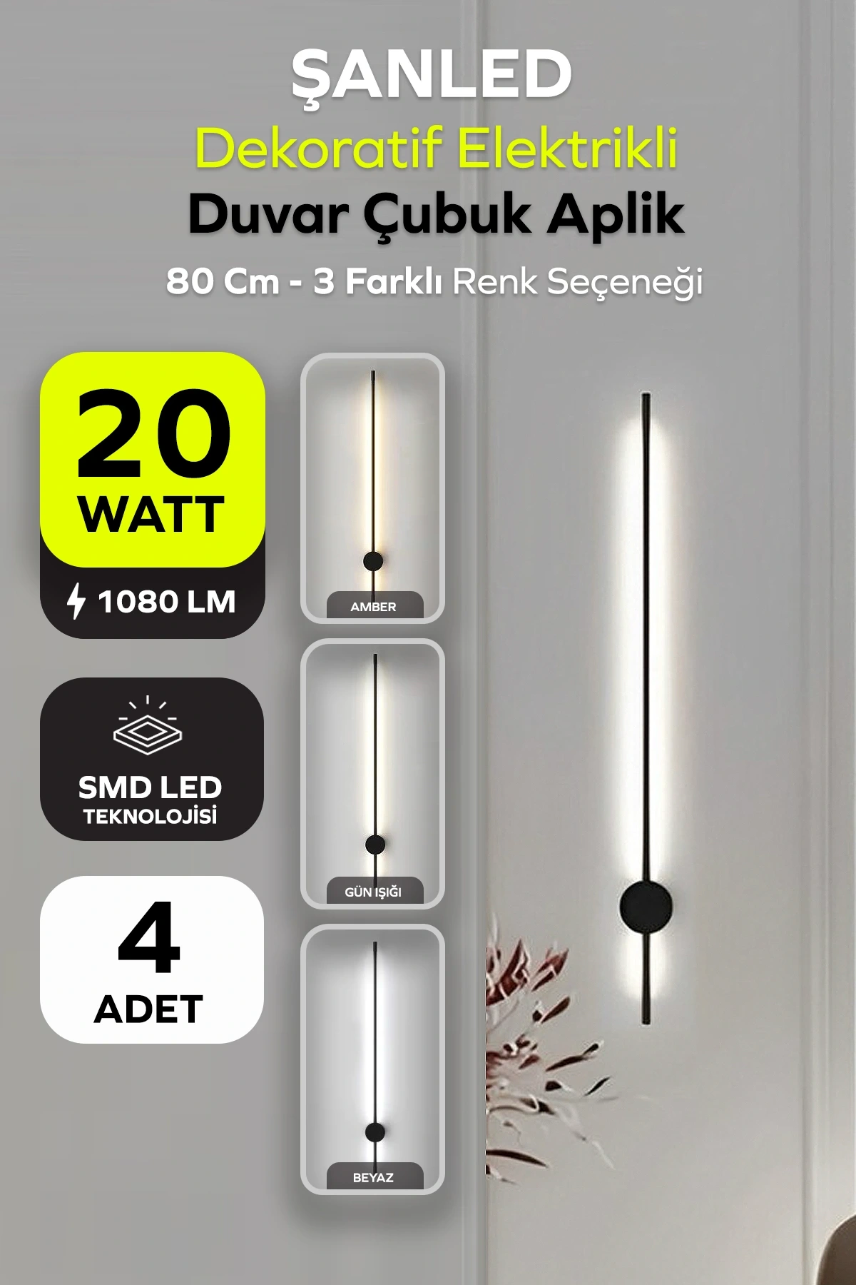 Dekoratif 20W İç Mekan Siyah Kasa 3 Renkli Işık Elektrikli 80 cm Duvar Aplik 4 Adet