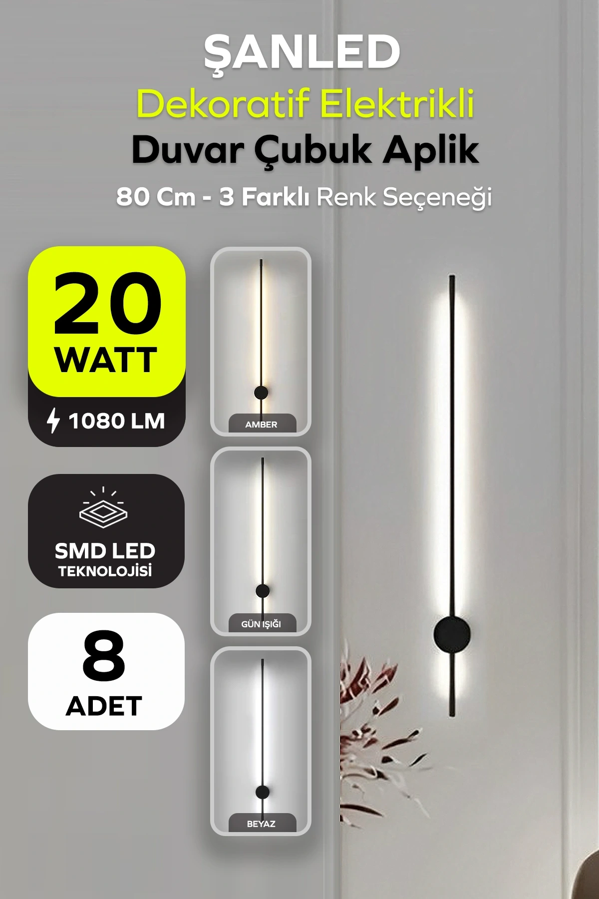 Dekoratif 20W İç Mekan Siyah Kasa 3 Renkli Işık Elektrikli 80 cm Duvar Aplik 8 Adet