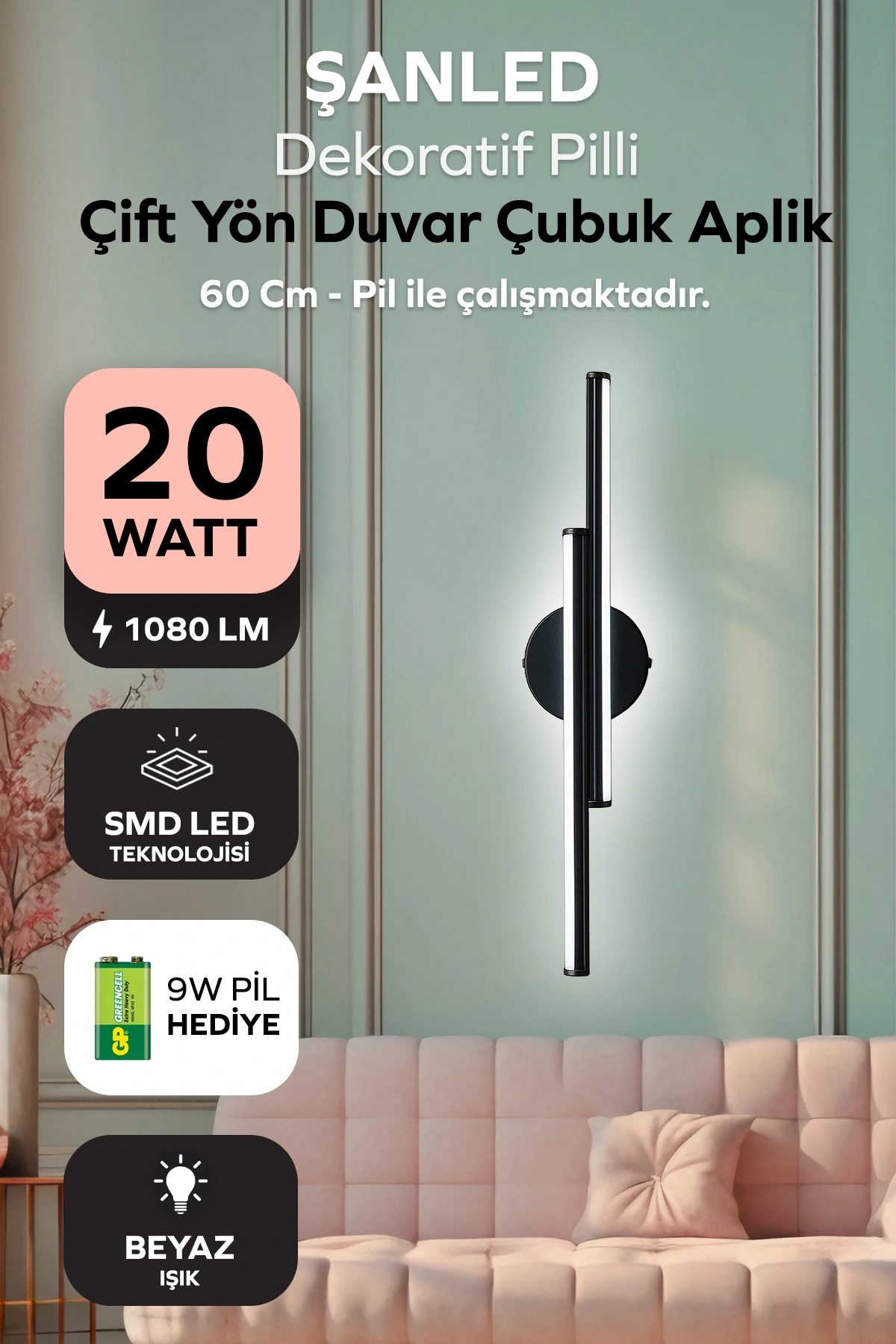 Dekoratif 20W İç Mekan Siyah Kasa Beyaz Işık 60 cm Duvar Aplik PİLLİ 1 Adet