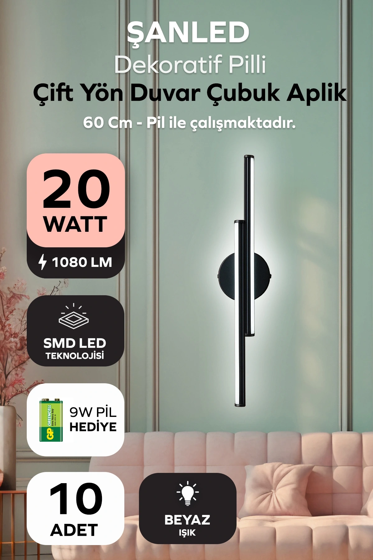 Dekoratif 20W İç Mekan Siyah Kasa Beyaz Işık 60 cm Duvar Aplik PİLLİ 10 Adet