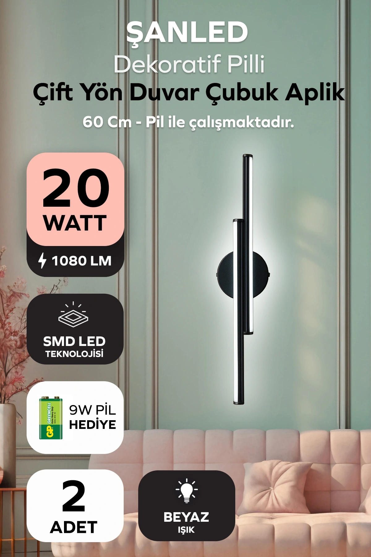 Dekoratif 20W İç Mekan Siyah Kasa Beyaz Işık 60 cm Duvar Aplik PİLLİ 2 Adet