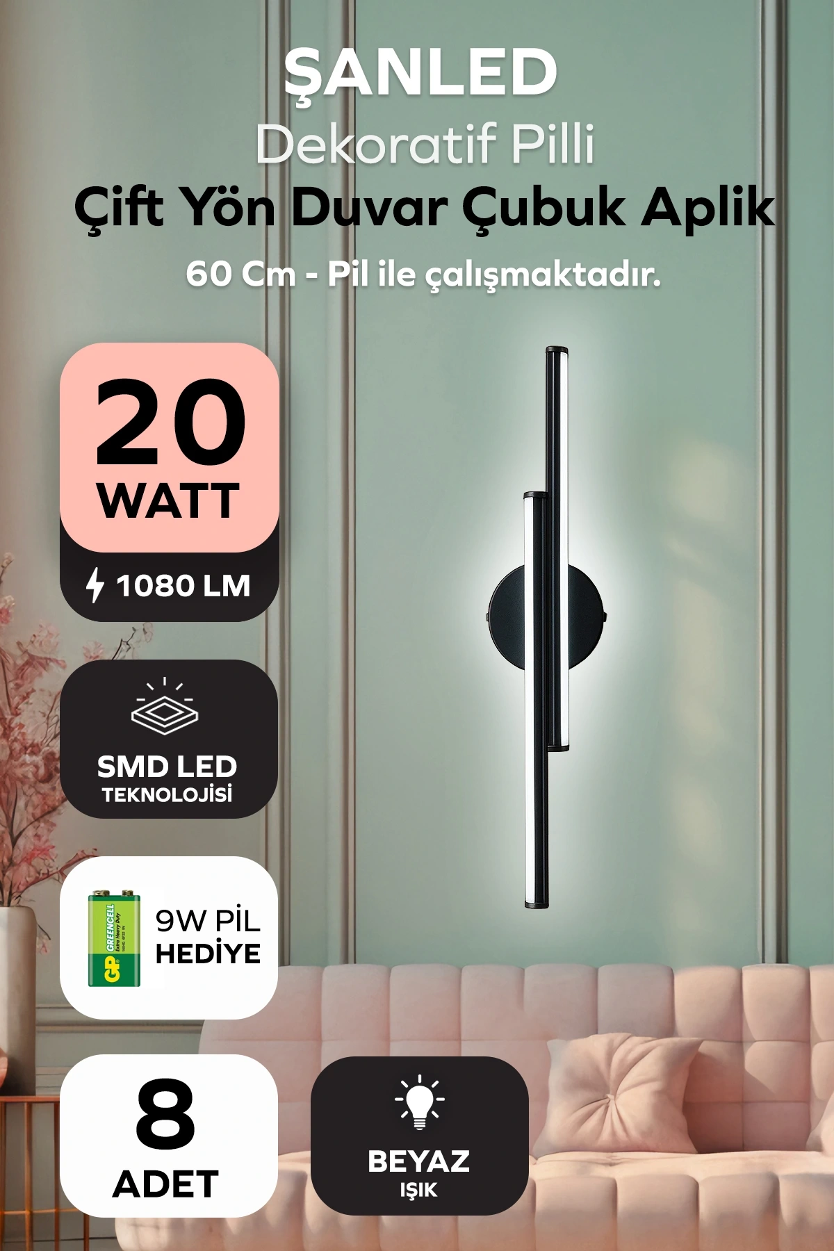 Dekoratif 20W İç Mekan Siyah Kasa Beyaz Işık 60 cm Duvar Aplik PİLLİ 8 Adet