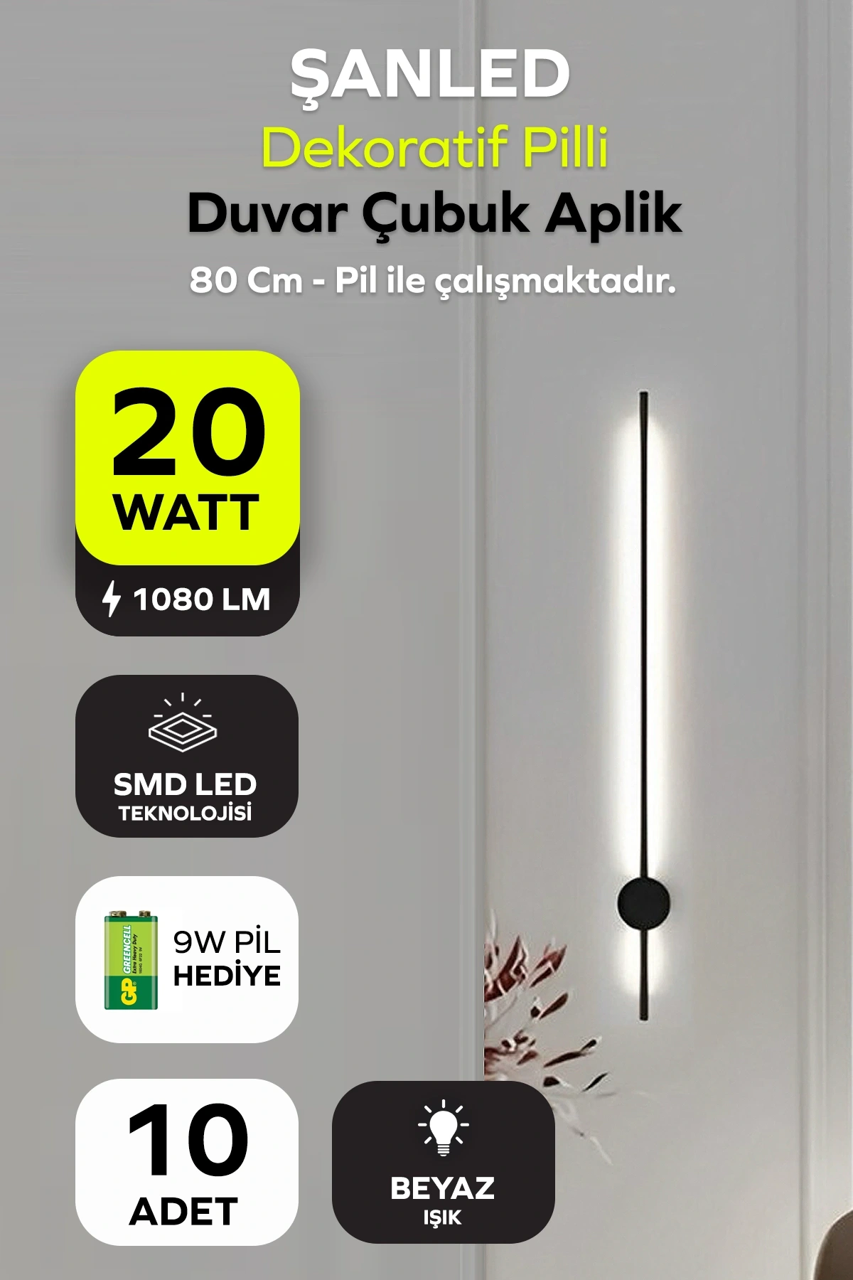 Dekoratif 20W İç Mekan Siyah Kasa Beyaz Işık 80 cm Duvar Aplik PİLLİ 10 Adet