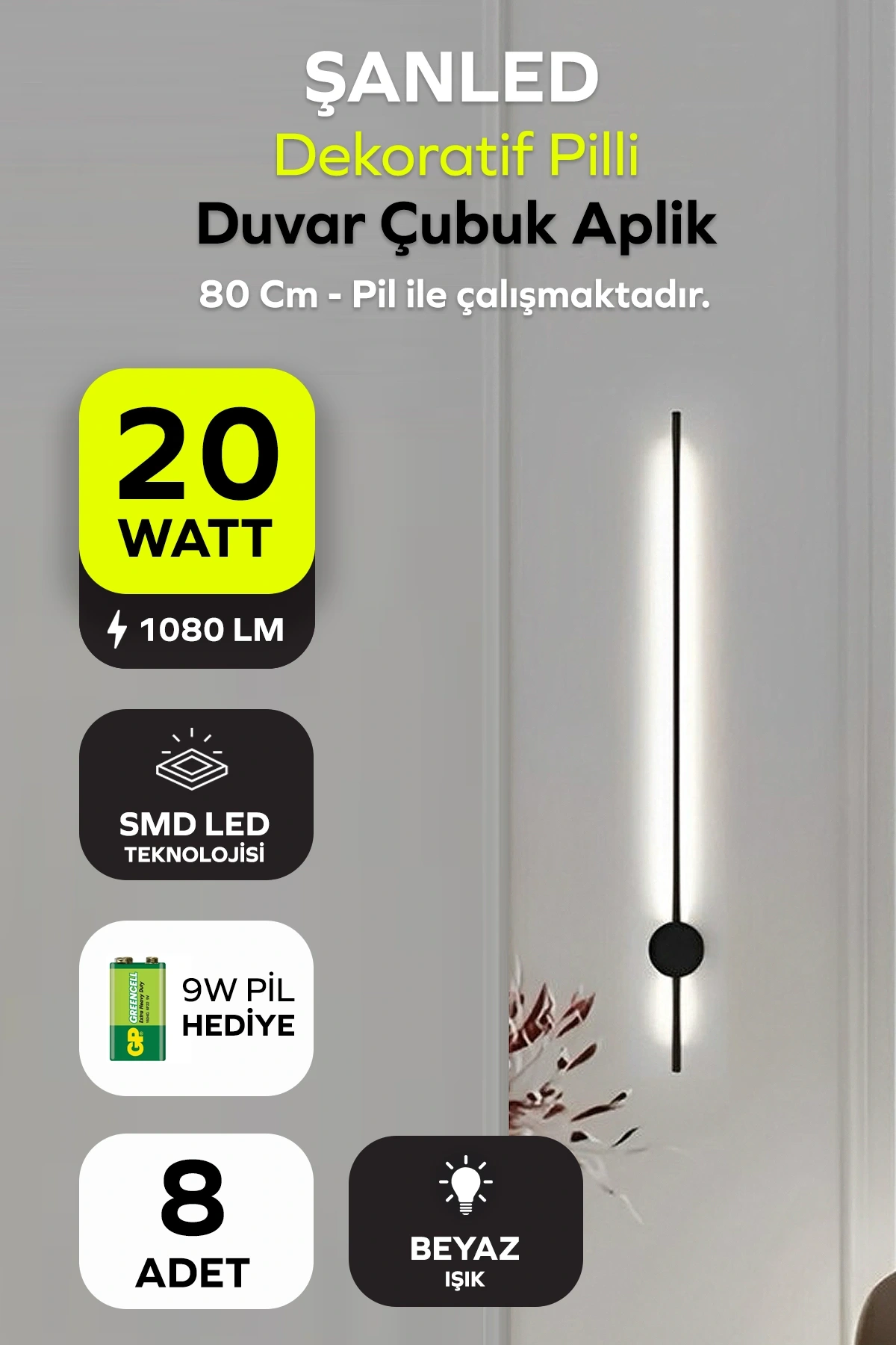 Dekoratif 20W İç Mekan Siyah Kasa Beyaz Işık 80 cm Duvar Aplik PİLLİ 8 Adet