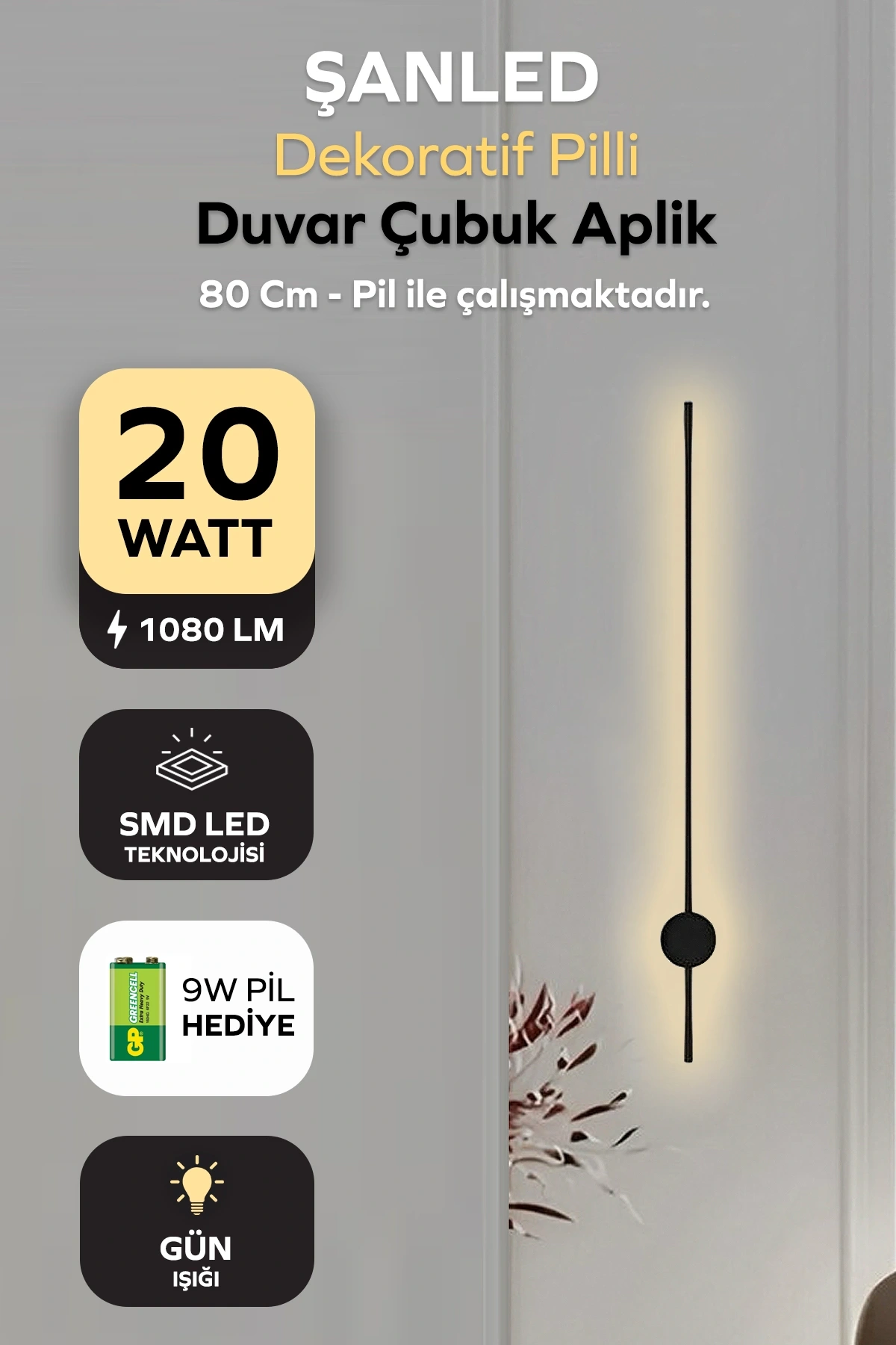 Dekoratif 20W İç Mekan Siyah Kasa Gün Işığı 80 cm Duvar Aplik PİLLİ 1 Adet