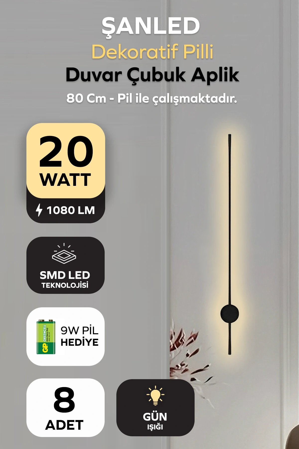 Dekoratif 20W İç Mekan Siyah Kasa Gün Işığı 80 cm Duvar Aplik PİLLİ 8 Adet