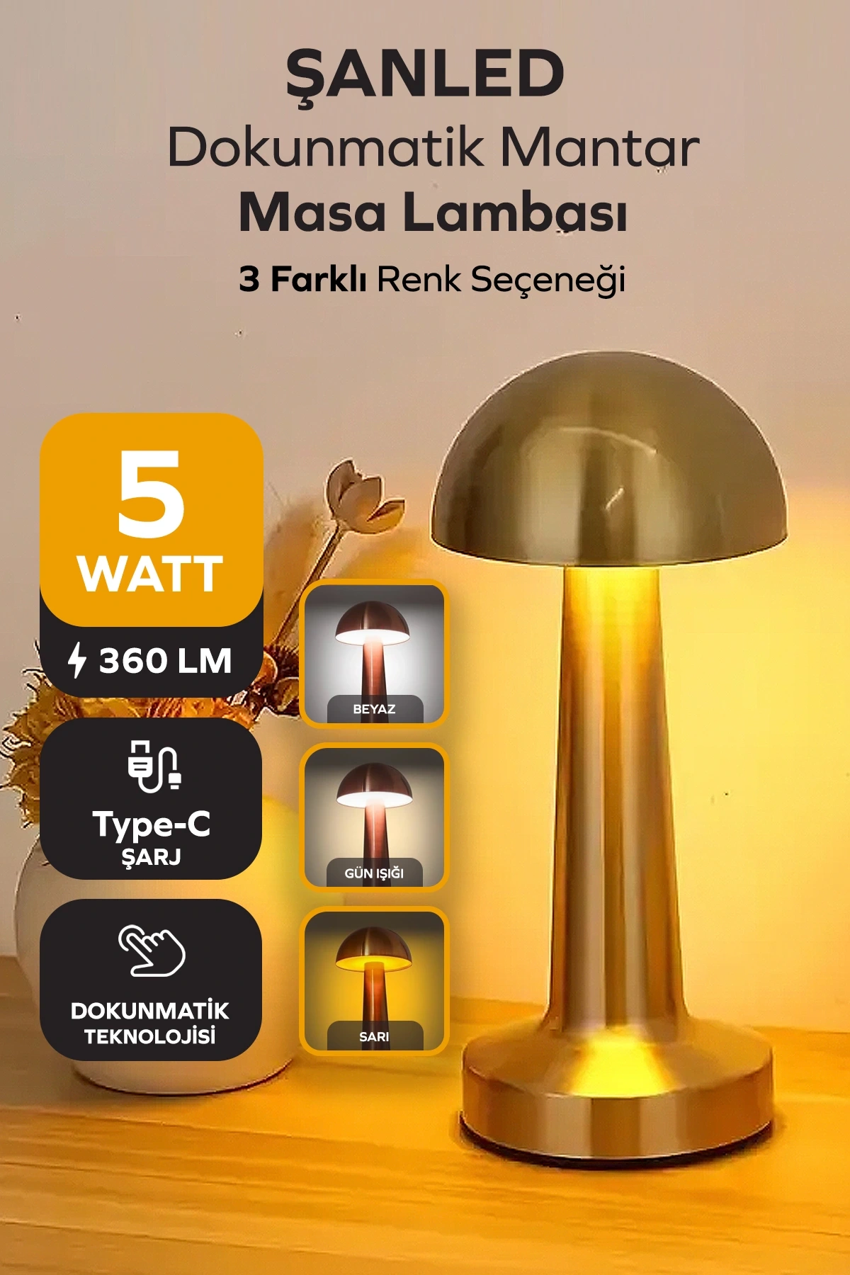 Gold Renk Şarjlı LED Masa Lambası Type-C Girişli Dokunmatik 3 Işık Modlu Gece Aydınlatması