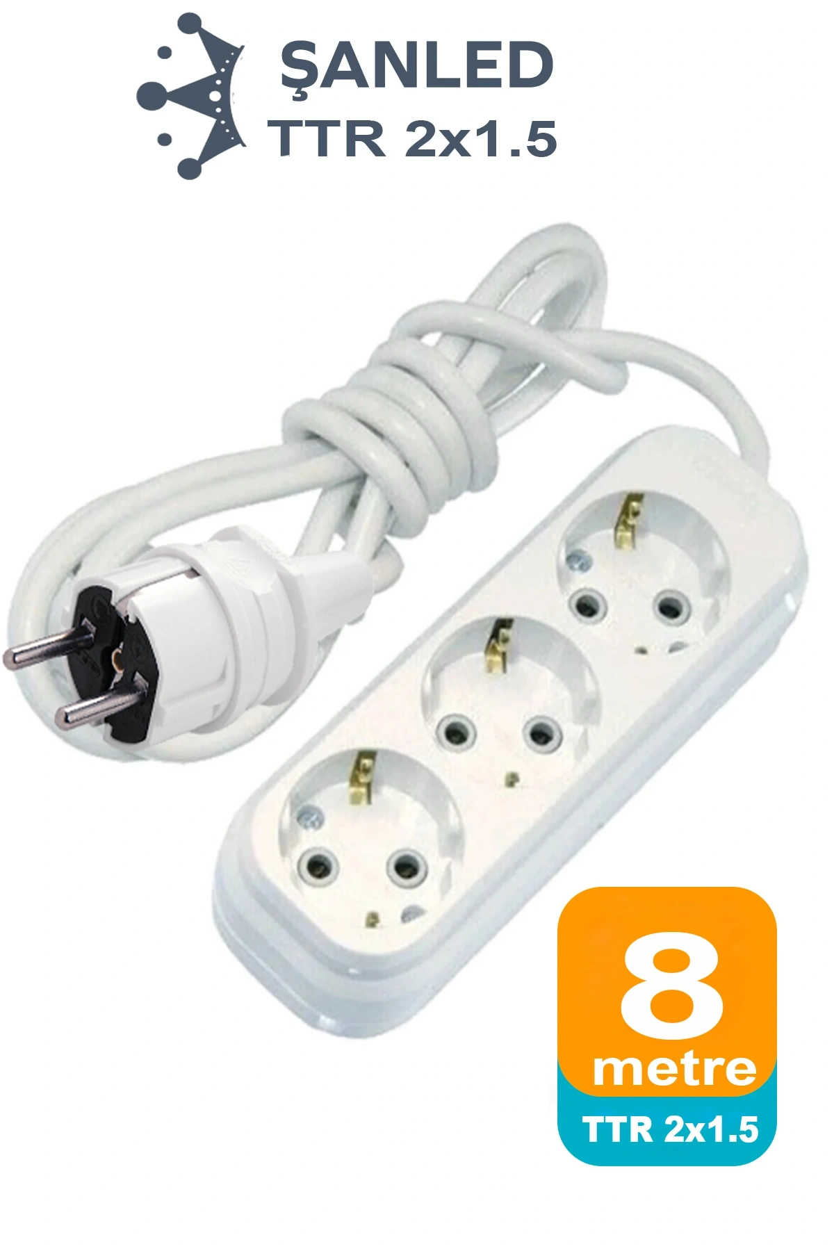 Grup Priz Topraklı 3lü Çoklu Priz Seyyar Ara Uzatma Kablosu TTR 2x1,5 mm kablo 8 metre