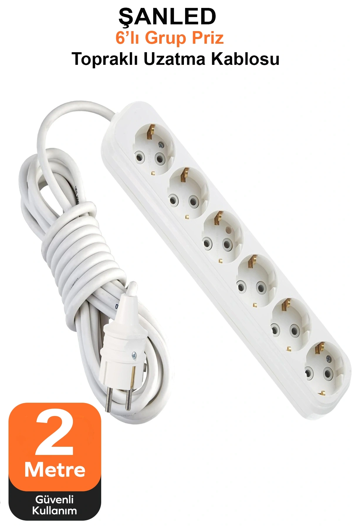 Grup Priz Topraklı 6lı Çoklu Priz Seyyar Ara Uzatma Kablosu TTR 2x2,5 mm kablo 2 metre