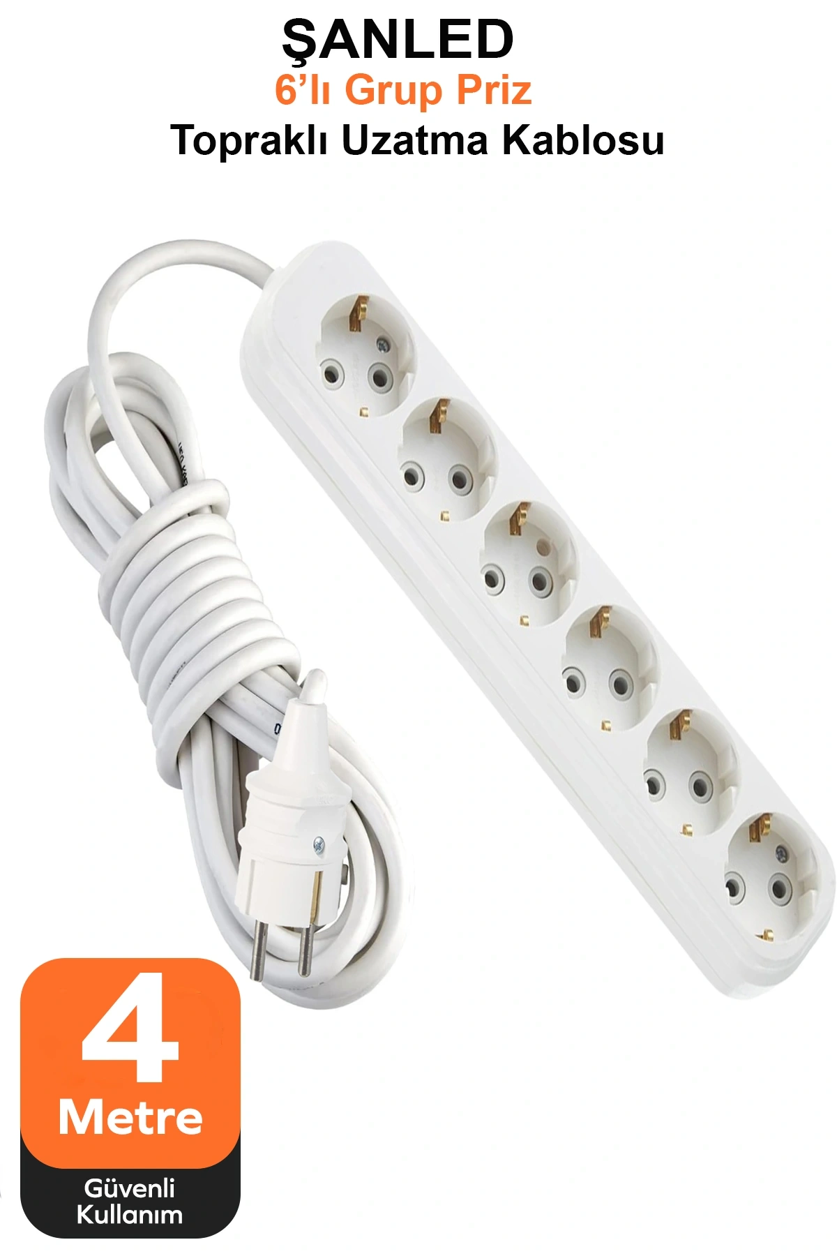 Grup Priz Topraklı 6lı Çoklu Priz Seyyar Ara Uzatma Kablosu TTR 2x2,5 mm kablo 4 metre