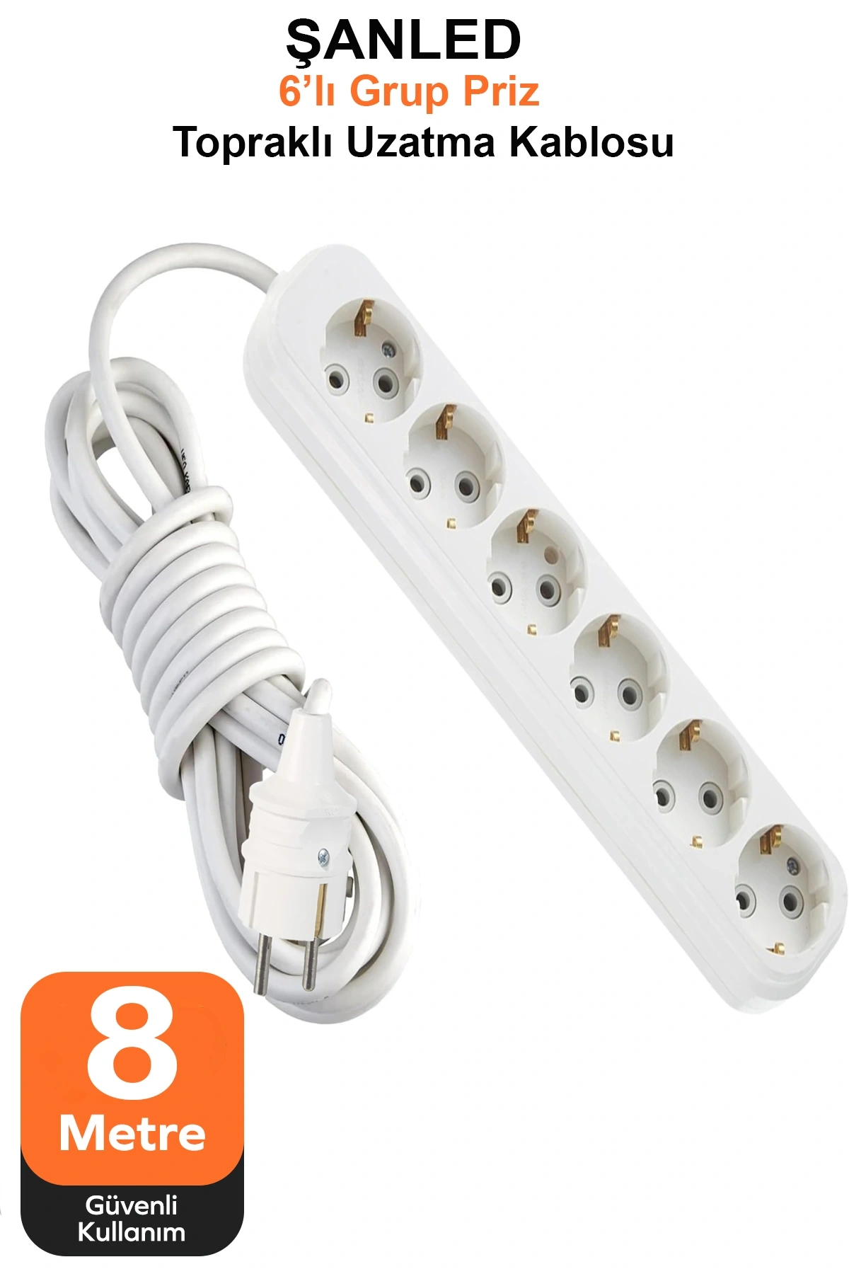 Grup Priz Topraklı 6lı Çoklu Priz Seyyar Ara Uzatma Kablosu TTR 2x2,5 mm kablo 8 metre