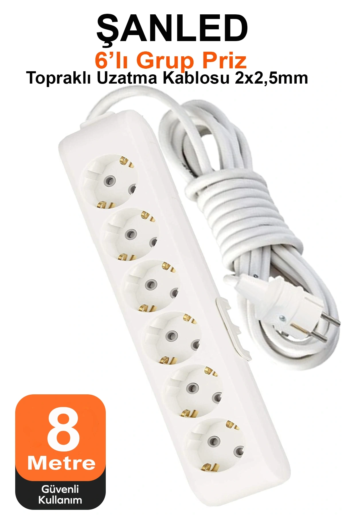 Grup Priz Topraklı 6lı Çoklu Priz Seyyar Ara Uzatma Kablosu TTR 2x2,5 mm kablo 8 metre