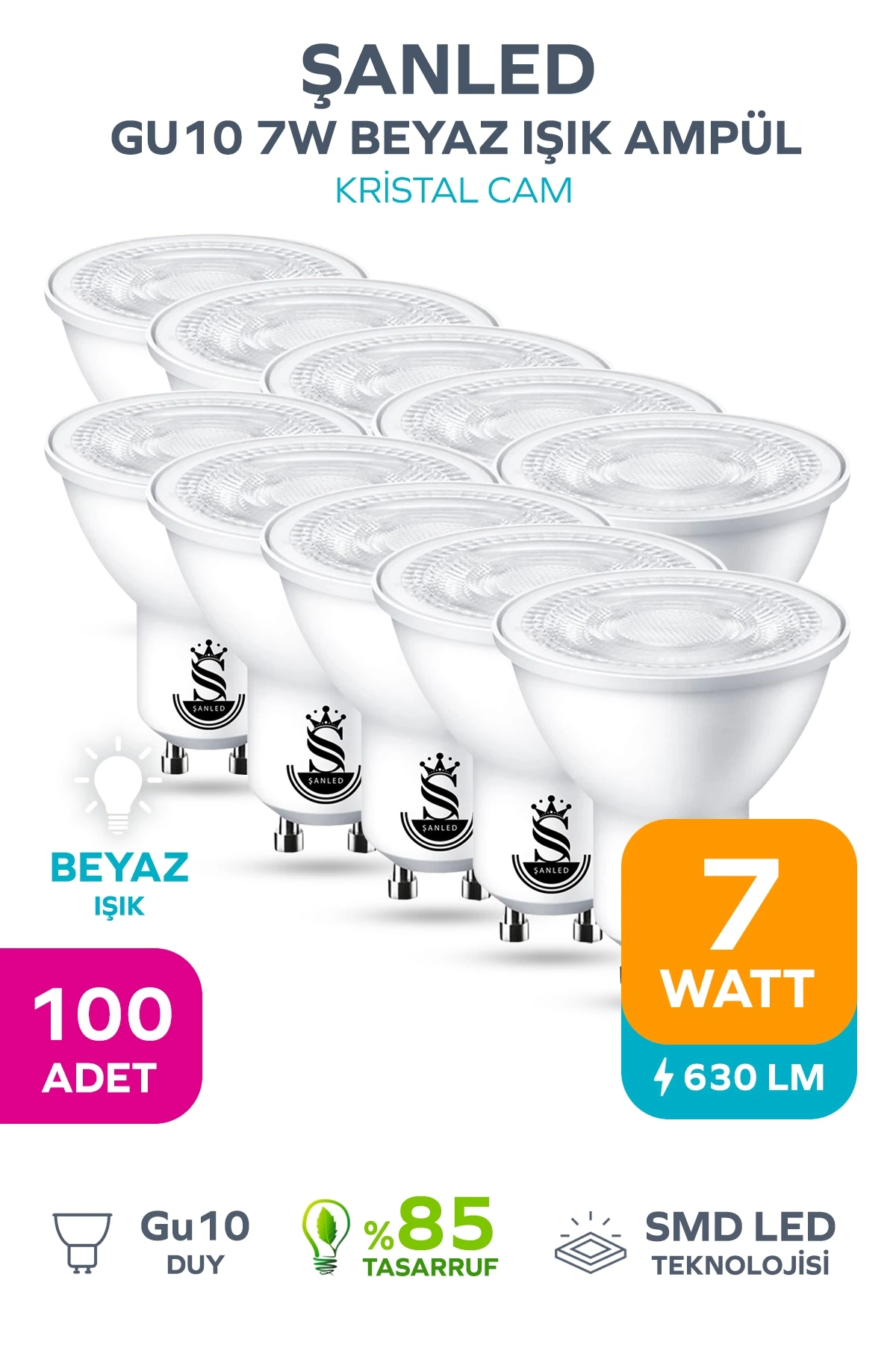 GU10 7W Beyaz Işık Ampül 100 Adet