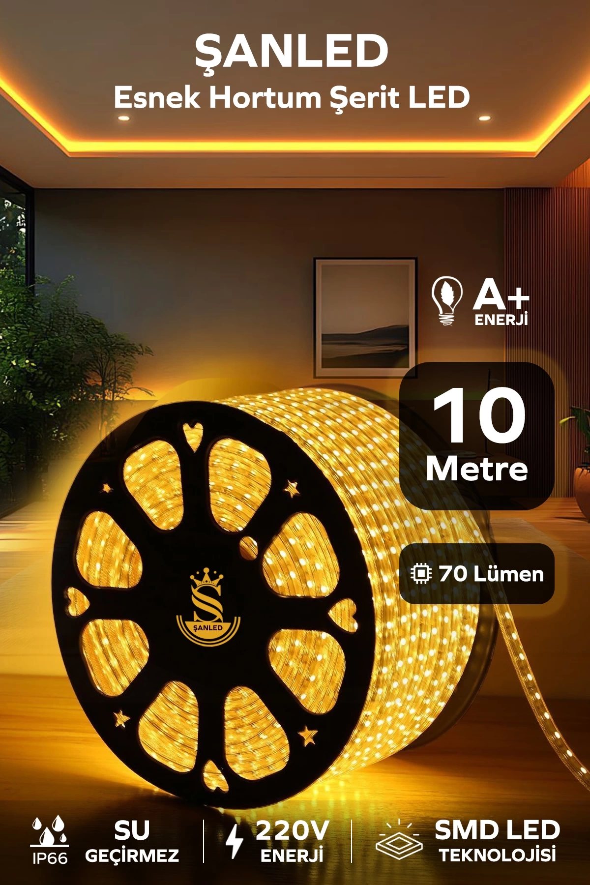 Hortum Esnek 220V Şerit Led Amber 10 Metre