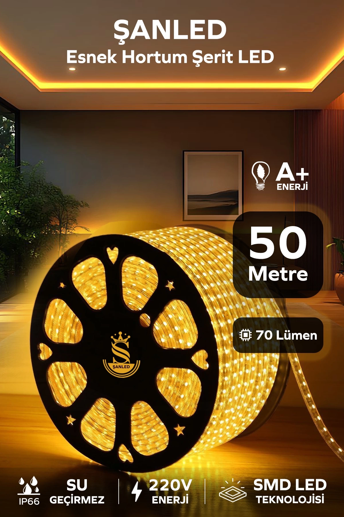 Hortum Esnek 220V Şerit Led Amber 50 Metre