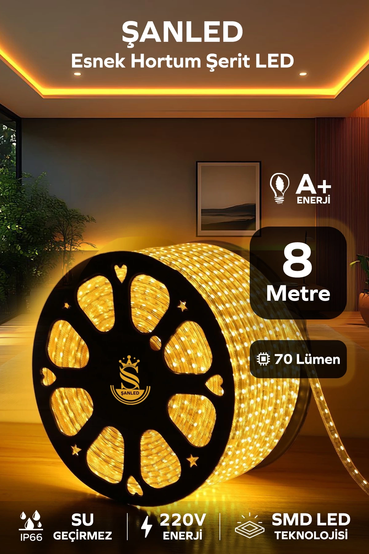 Hortum Esnek 220V Şerit Led Amber 8 Metre