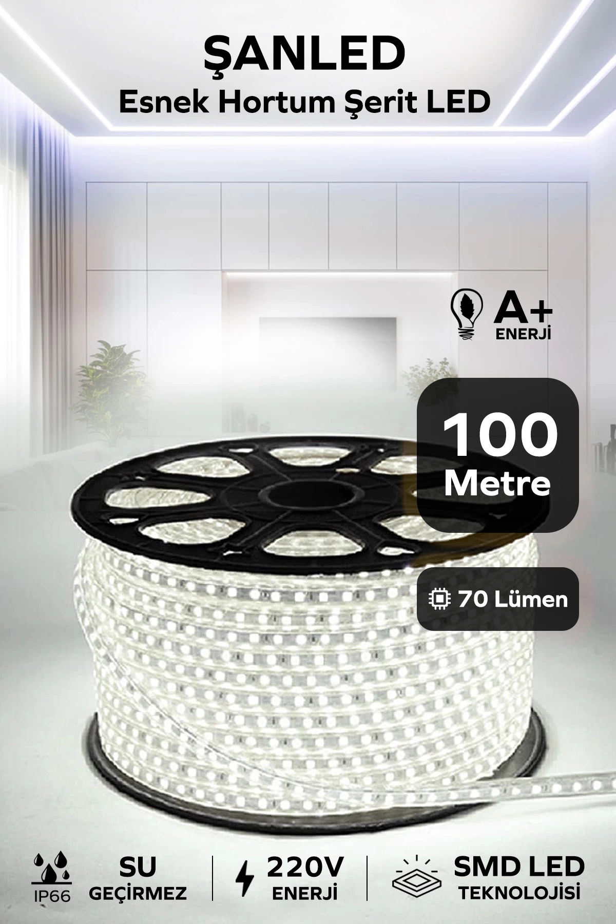 Hortum Esnek 220V Şerit Led Beyaz 100 Metre
