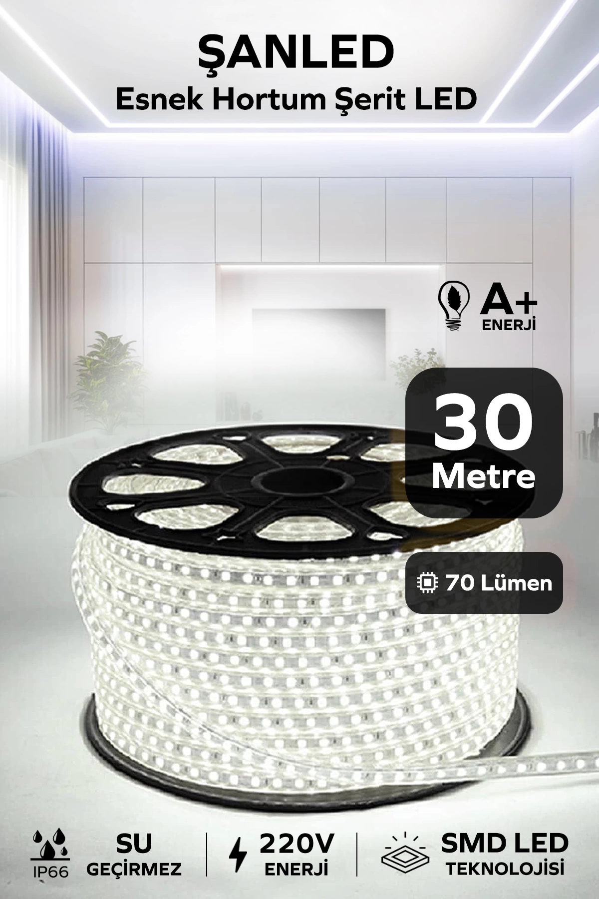 Hortum Esnek 220V Şerit Led Beyaz 30 Metre