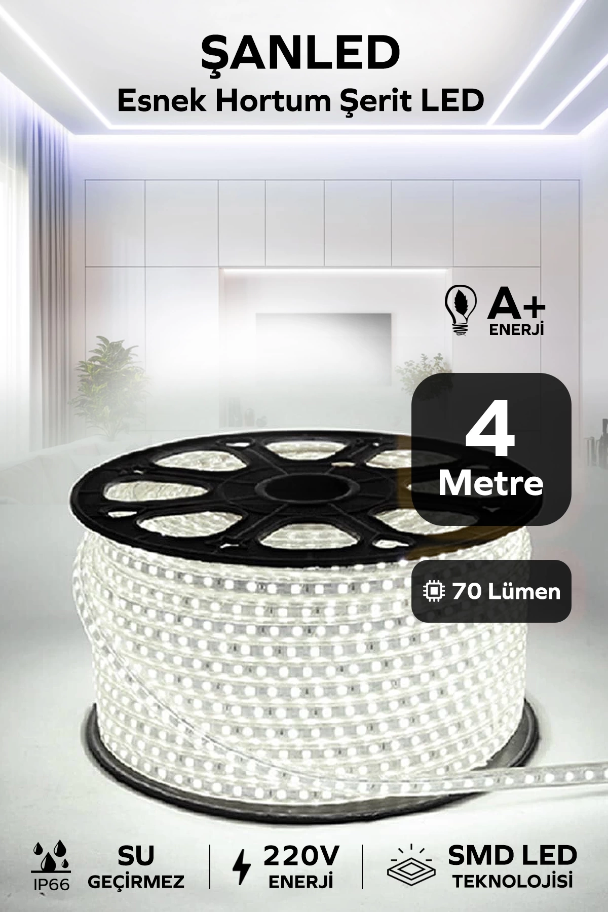 Hortum Esnek 220V Şerit Led Beyaz 4 Metre
