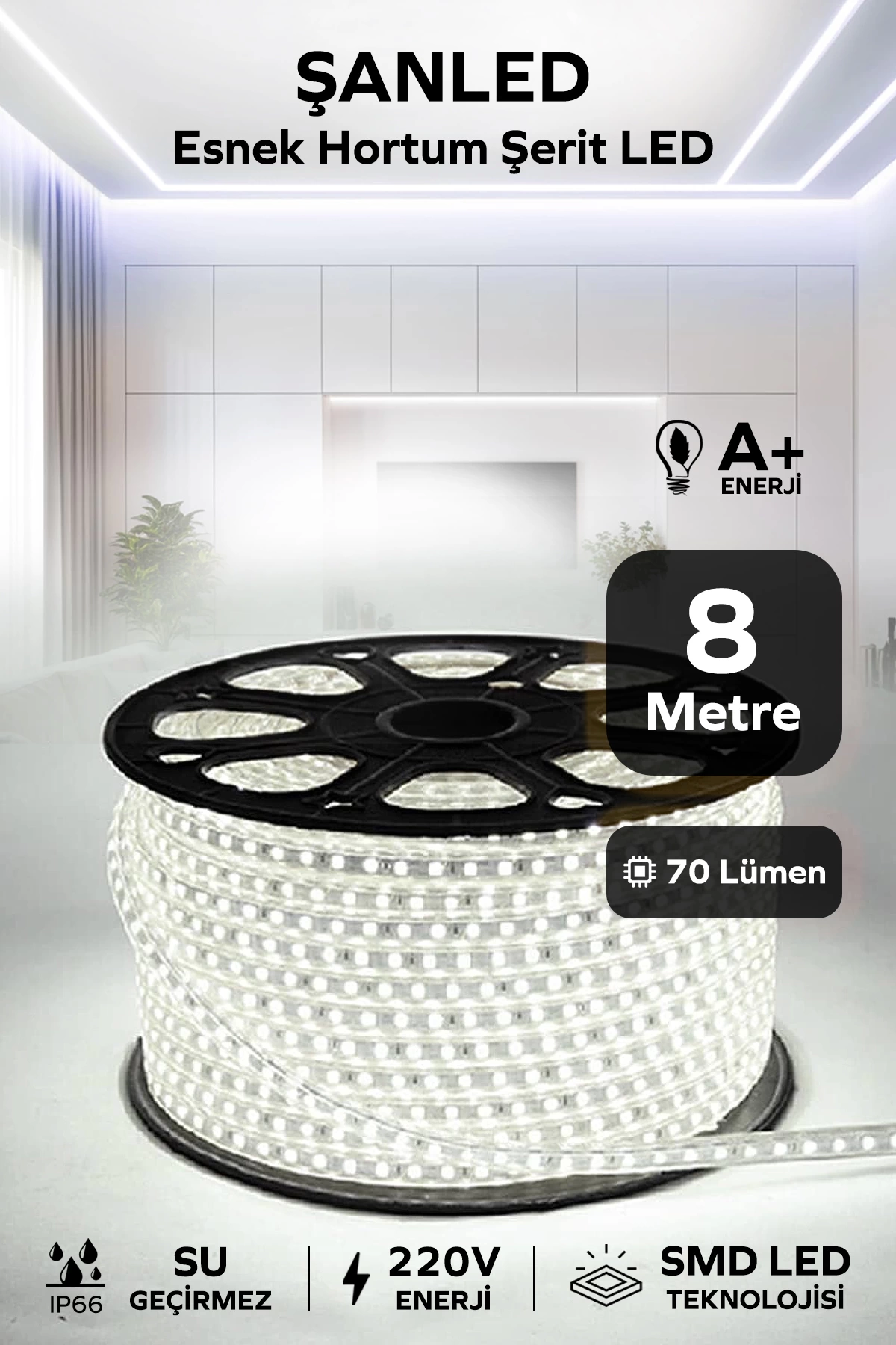 Hortum Esnek 220V Şerit Led Beyaz 8 Metre