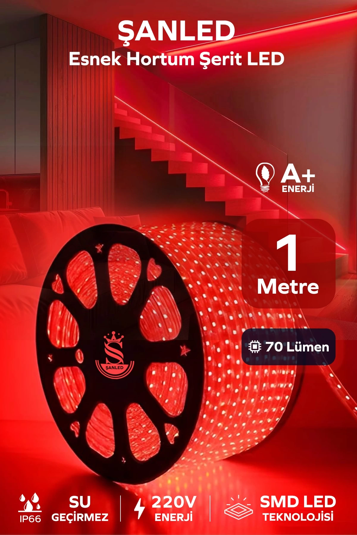 Hortum Esnek 220V Şerit Led Kırmızı 1 Metre