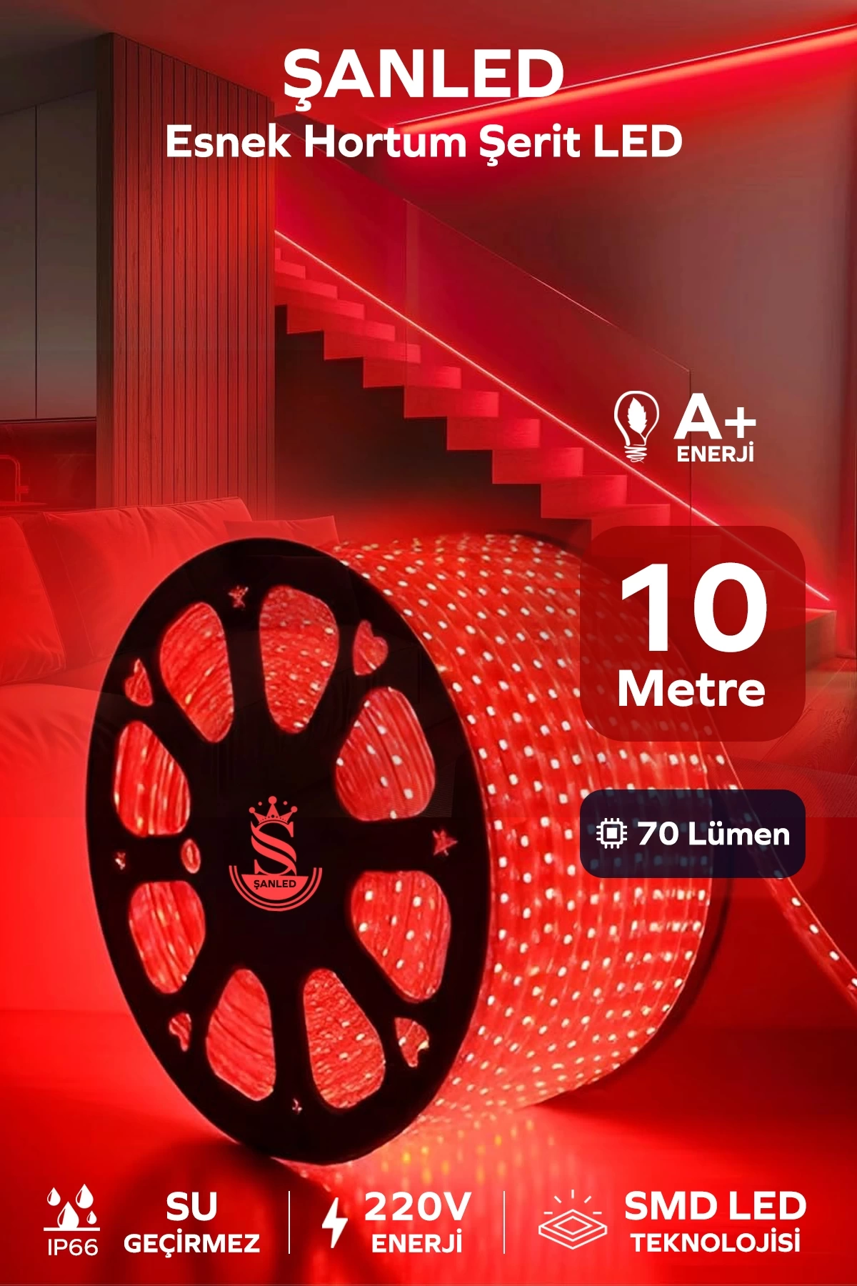 Hortum Esnek 220V Şerit Led Kırmızı 10 Metre