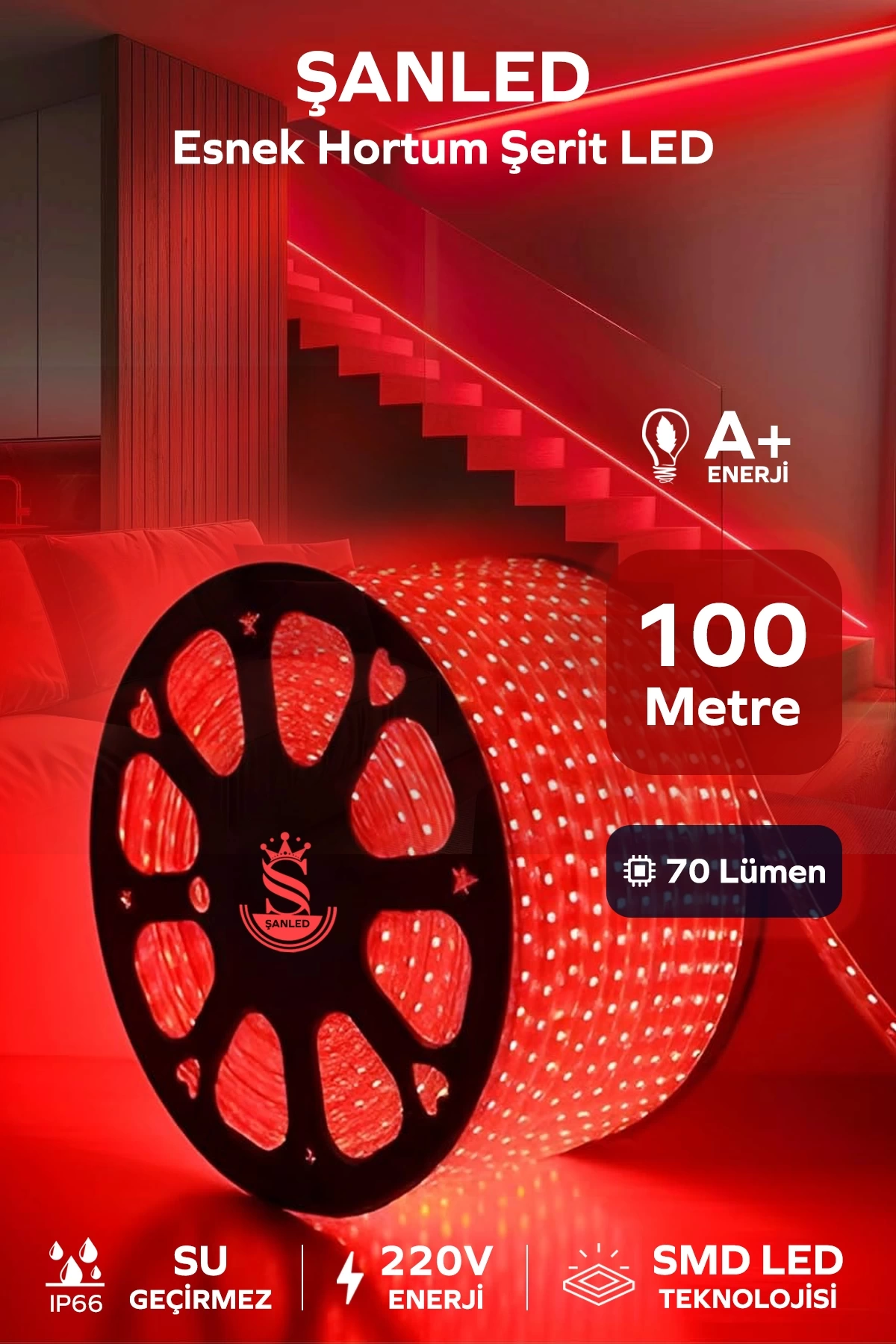 Hortum Esnek 220V Şerit Led Kırmızı 100 Metre
