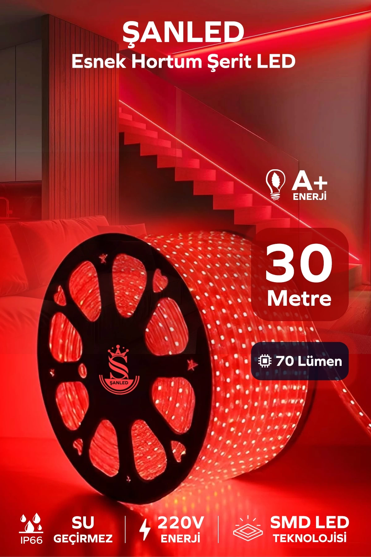Hortum Esnek 220V Şerit Led Kırmızı 30 Metre
