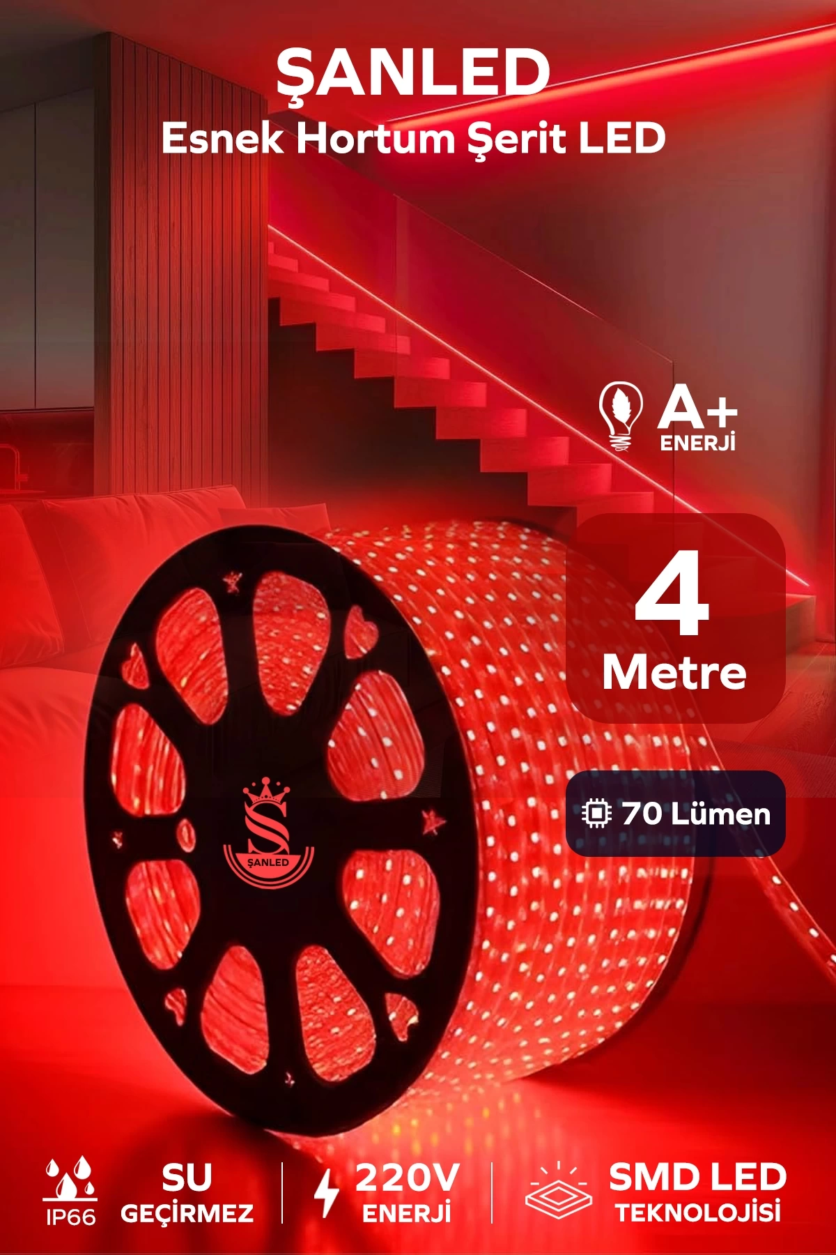 Hortum Esnek 220V Şerit Led Kırmızı 4 Metre