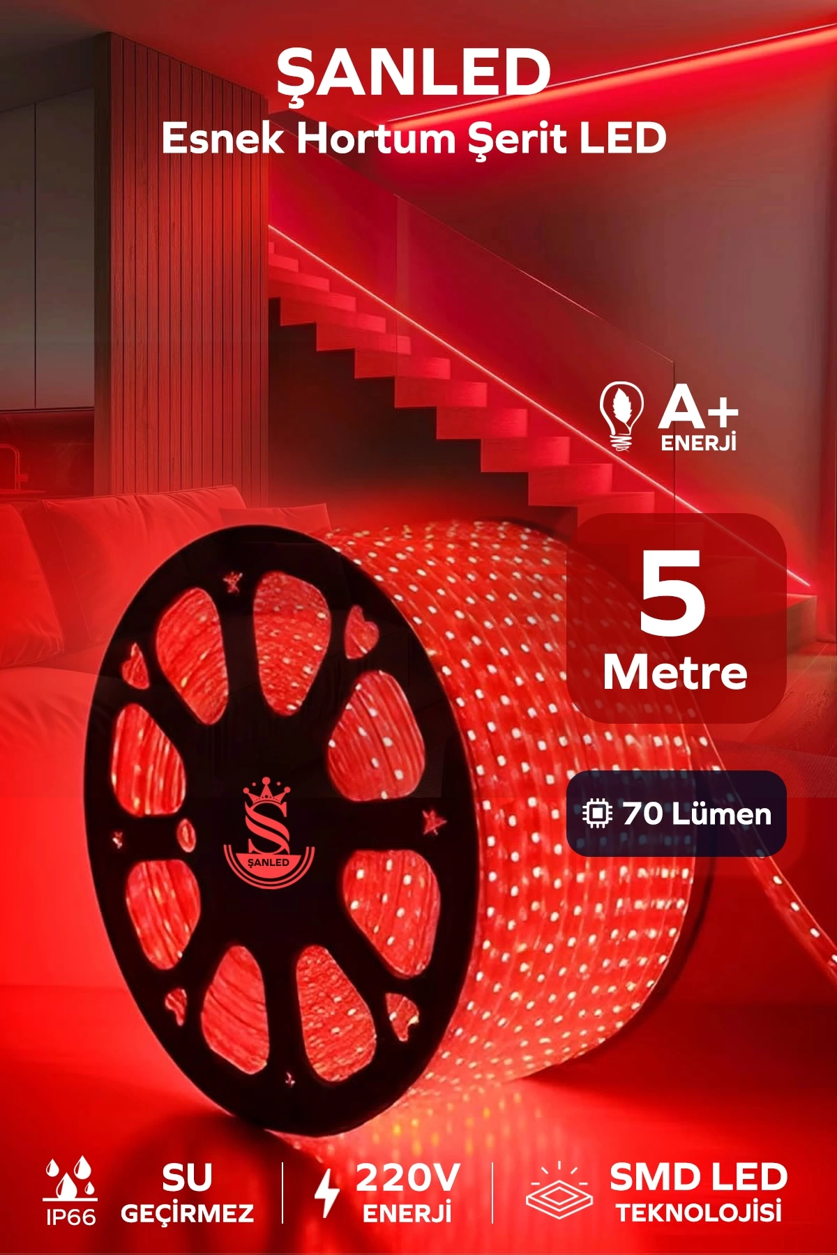 Hortum Esnek 220V Şerit Led Kırmızı 5 Metre