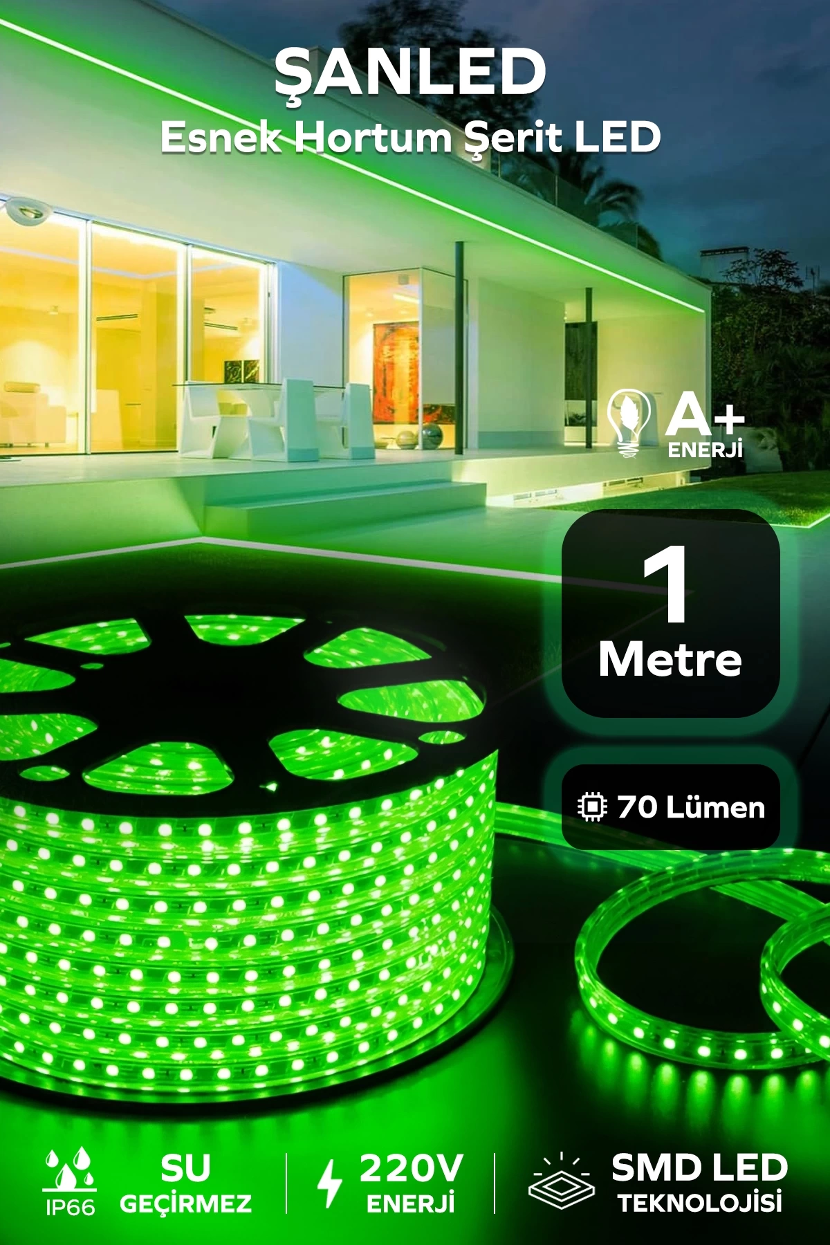 Hortum Esnek 220V Şerit Led Yeşil 1 Metre
