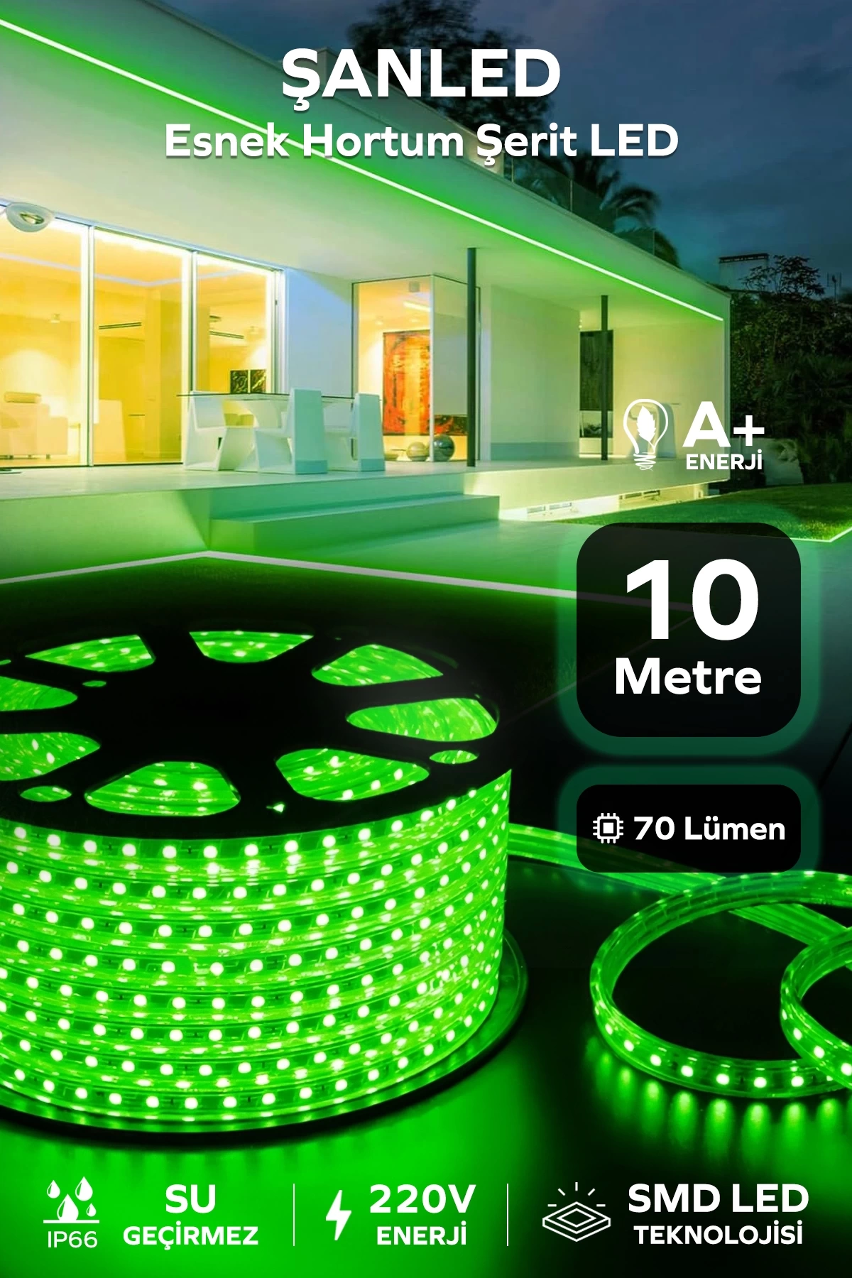 Hortum Esnek 220V Şerit Led Yeşil 10 Metre