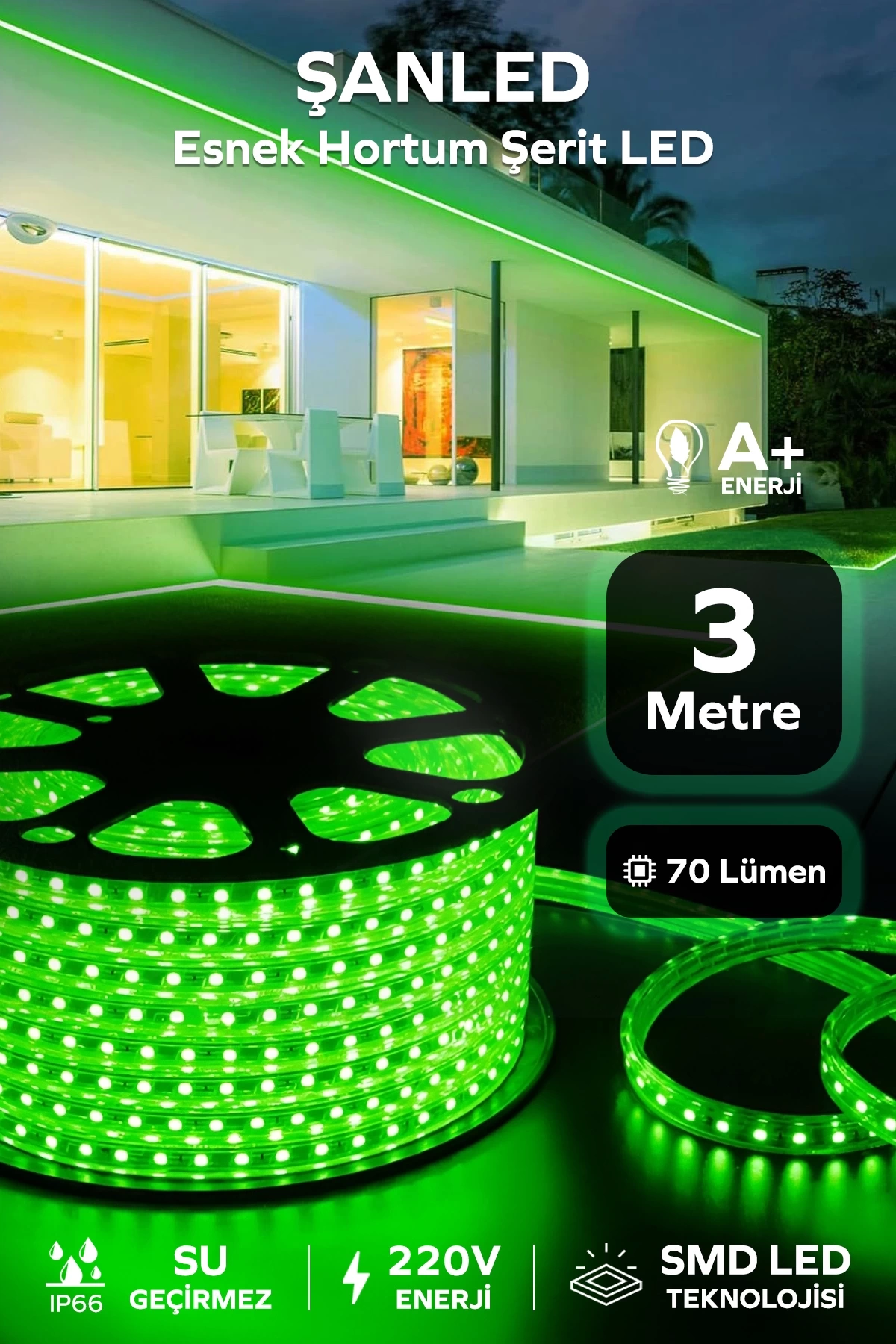 Hortum Esnek 220V Şerit Led Yeşil 3 Metre