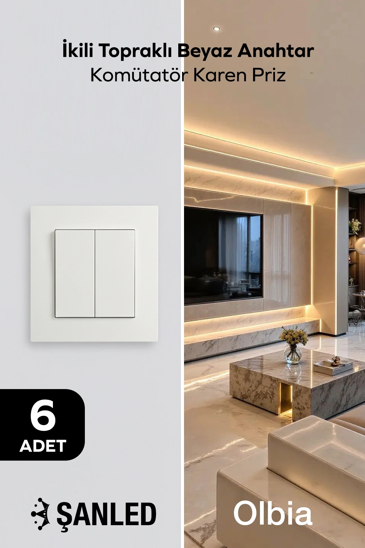 İkili Topraklı Beyaz Anahtar Komütatör Karen Priz 6 Adet