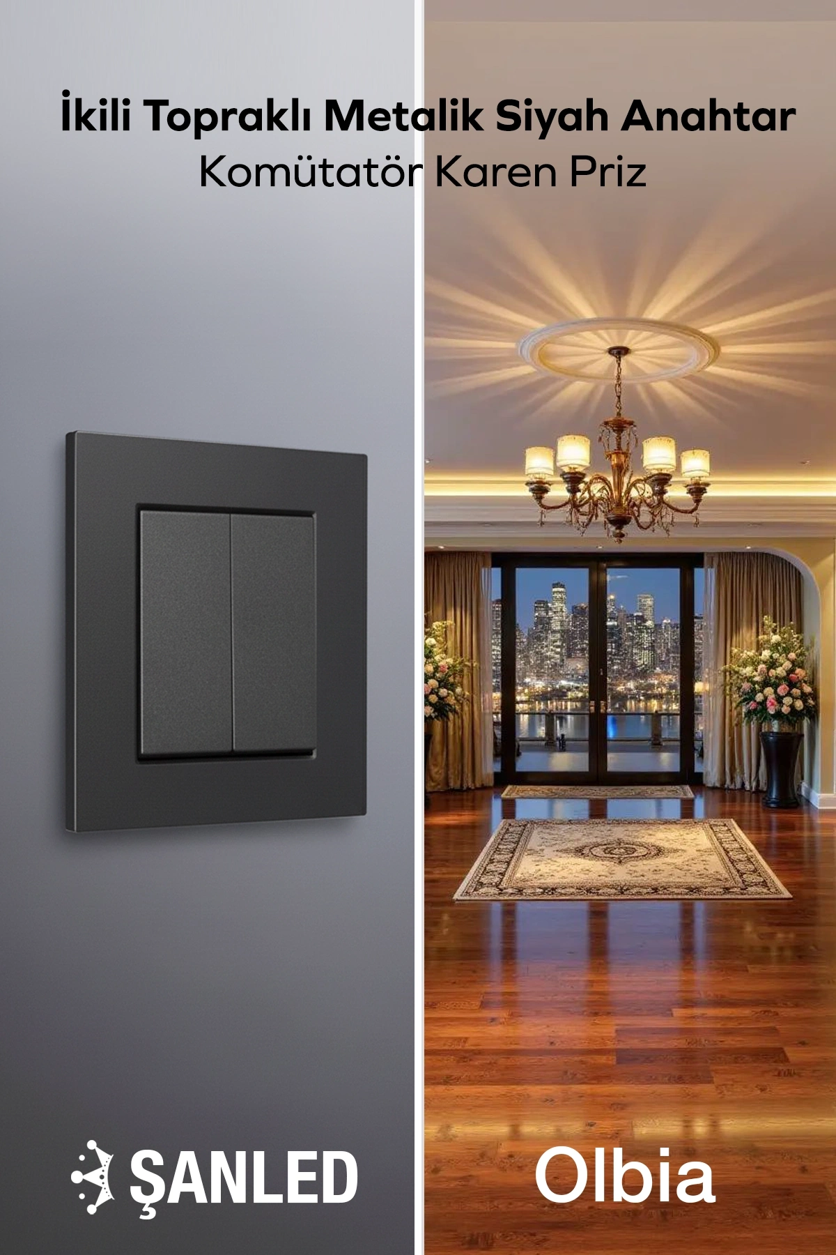 İkili Topraklı Metalik Siyah Anahtar Komütatör Karen Priz 1 Adet