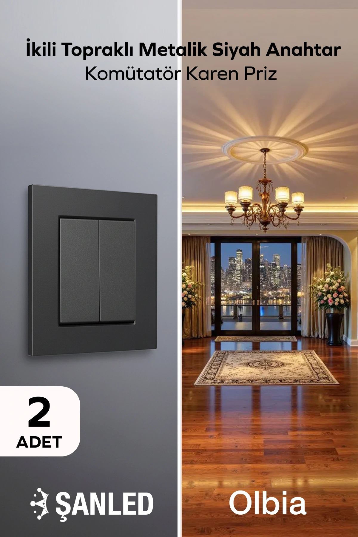 İkili Topraklı Metalik Siyah Anahtar Komütatör Karen Priz 2 Adet