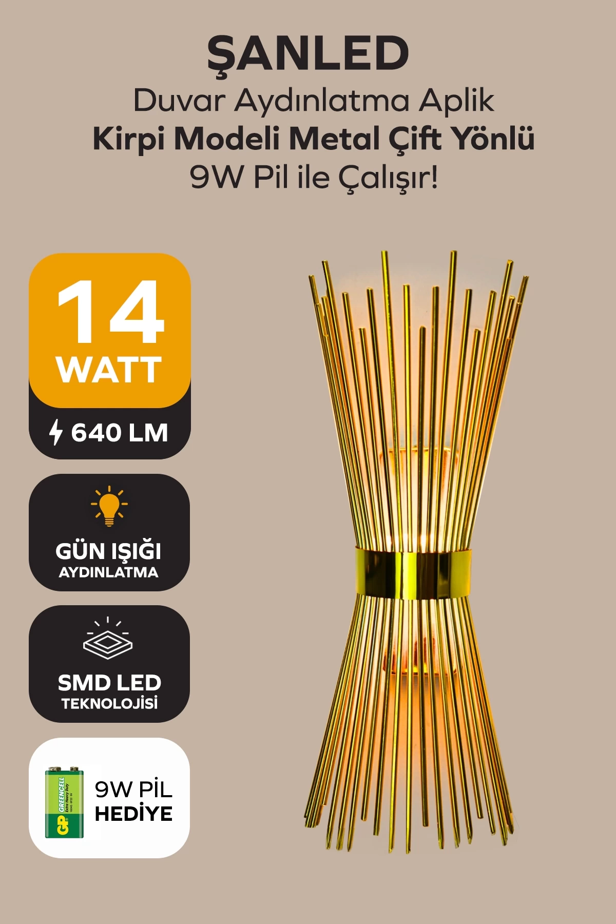 Kirpi Modeli Metal Çift Yönlü Gün Işığı GOLD KASA Duvar Aydınlatma Pilli Aplik