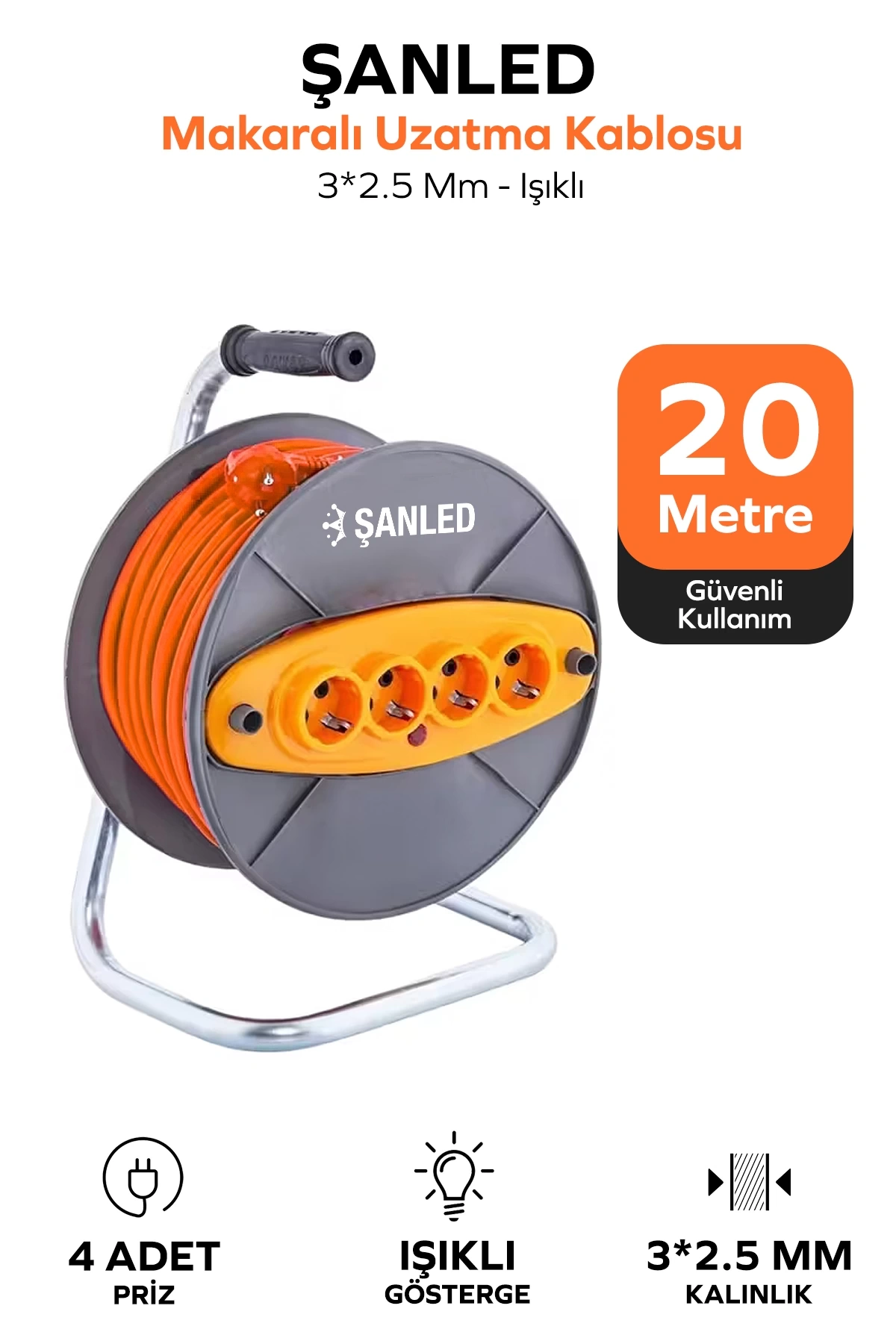 Makaralı 3x2,5 mm 4 Prizli Seyyar Kablo 20 Metre