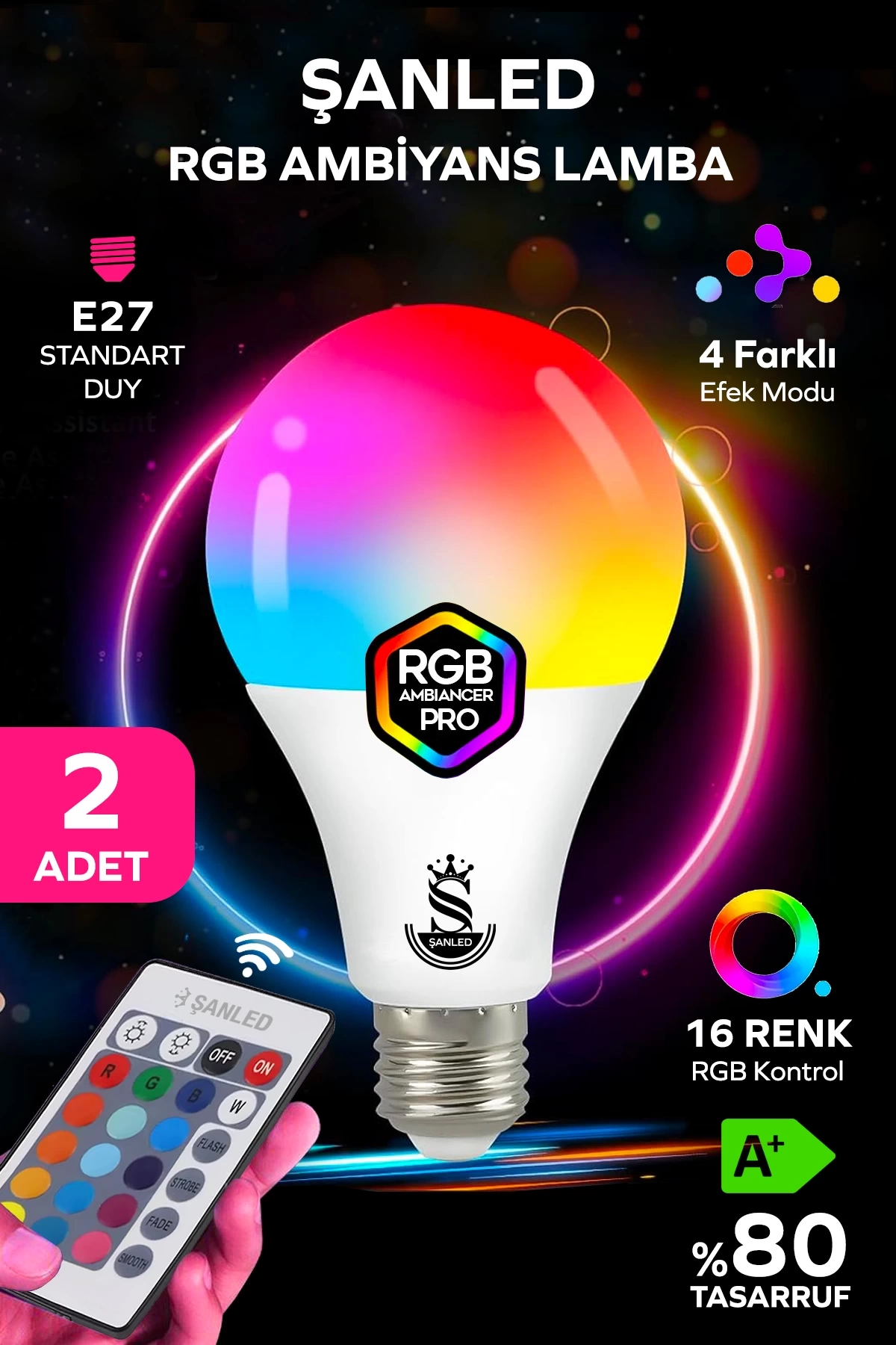 Rgb Led Lamba ampül Kumandalı Ambiyans Aydınlatma Tasarruflu Renk Değiştiren Led Işık 2 Adet