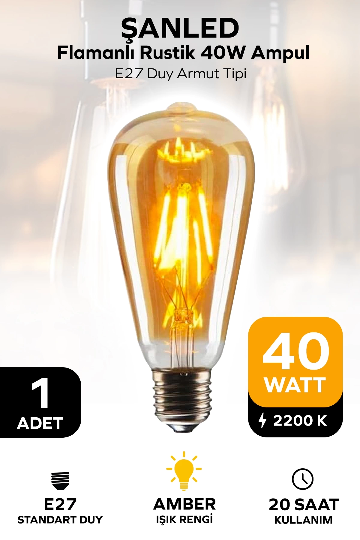 Rustik Led Ampul Amber E27 Duy Flamanlı Armut Tipi St64 Dekoratif - 1 Adet