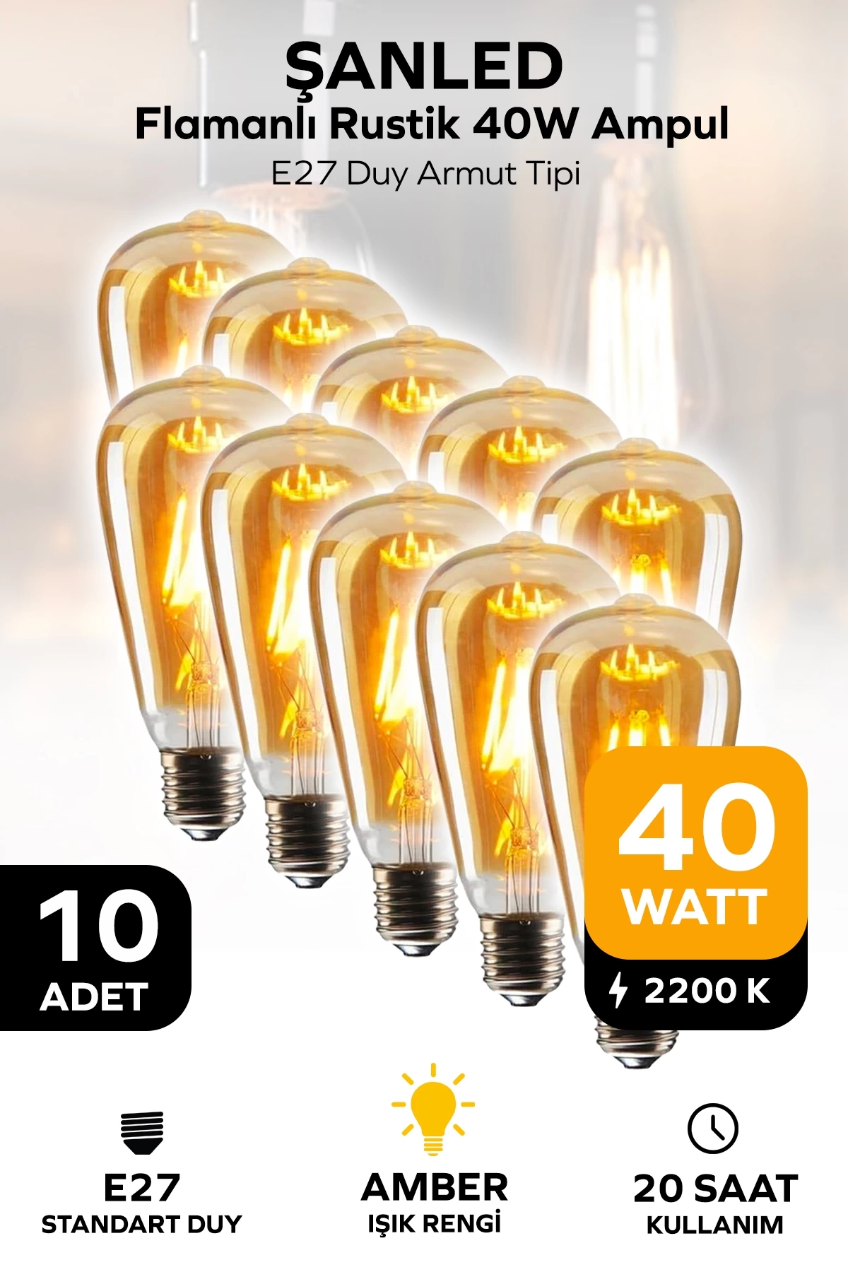 Rustik Led Ampul Amber E27 Duy Flamanlı Armut Tipi St64 Dekoratif - 10 Adet
