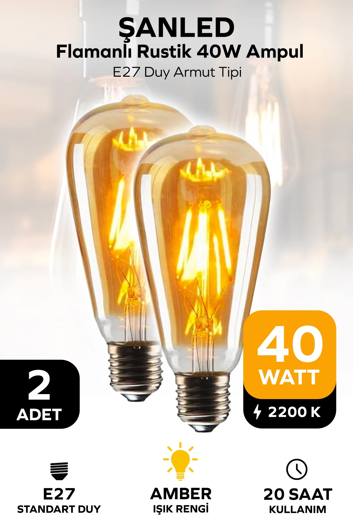 Rustik Led Ampul Amber E27 Duy Flamanlı Armut Tipi St64 Dekoratif - 2 Adet