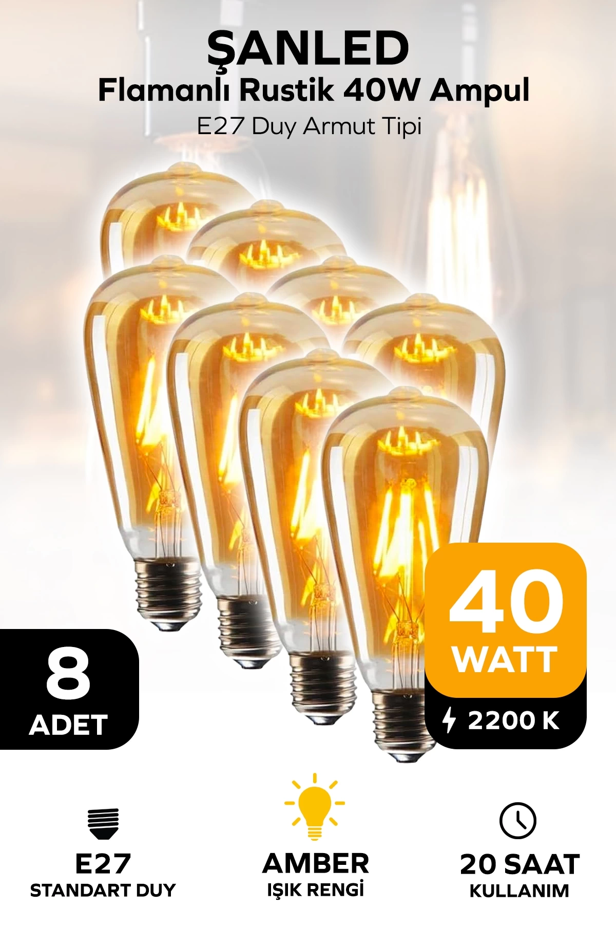 Rustik Led Ampul Amber E27 Duy Flamanlı Armut Tipi St64 Dekoratif - 8 Adet